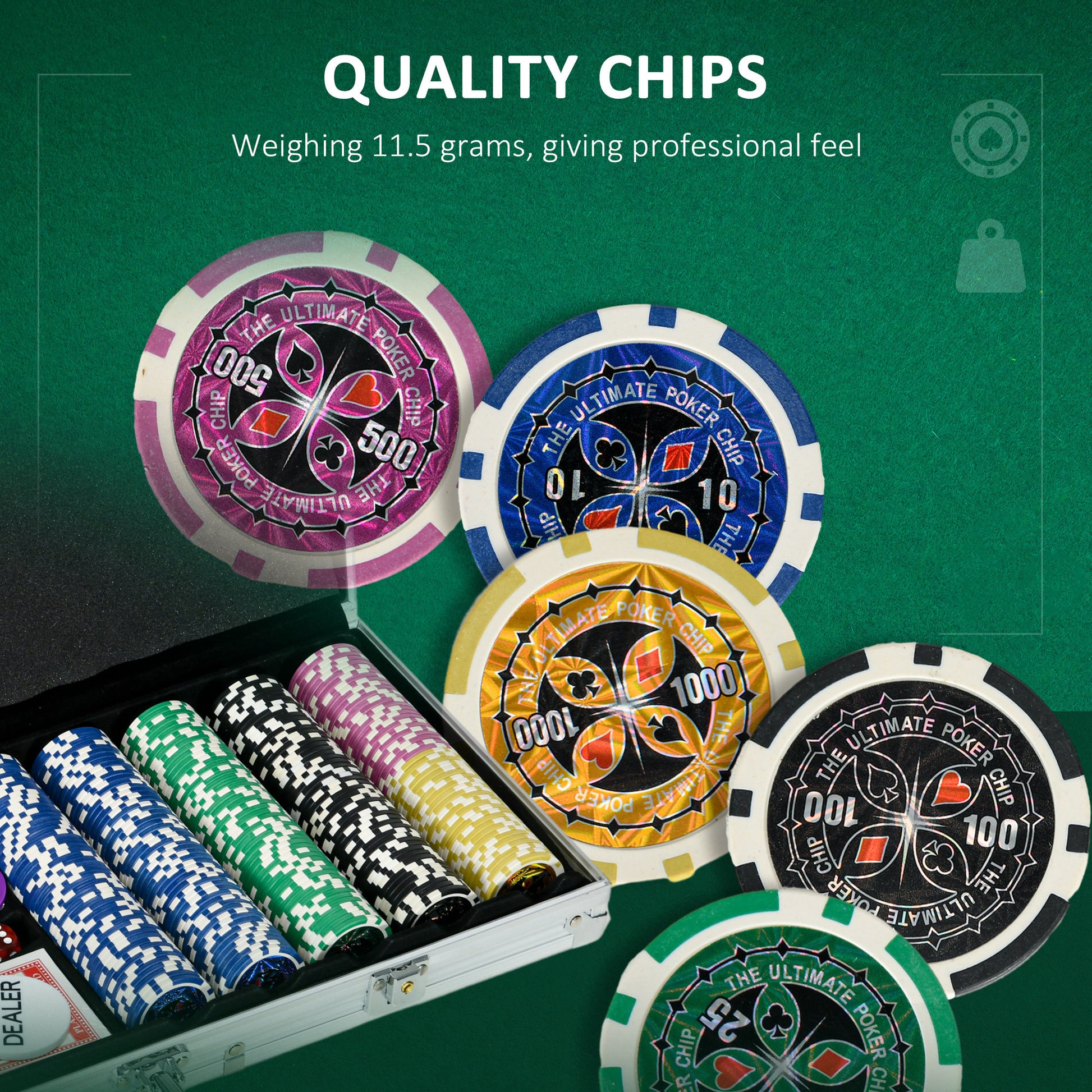 SportNow Set Poker for 9-10 players with 500 chips, 2 decks of cards and 5 dice, aluminum and polyester - Borgè