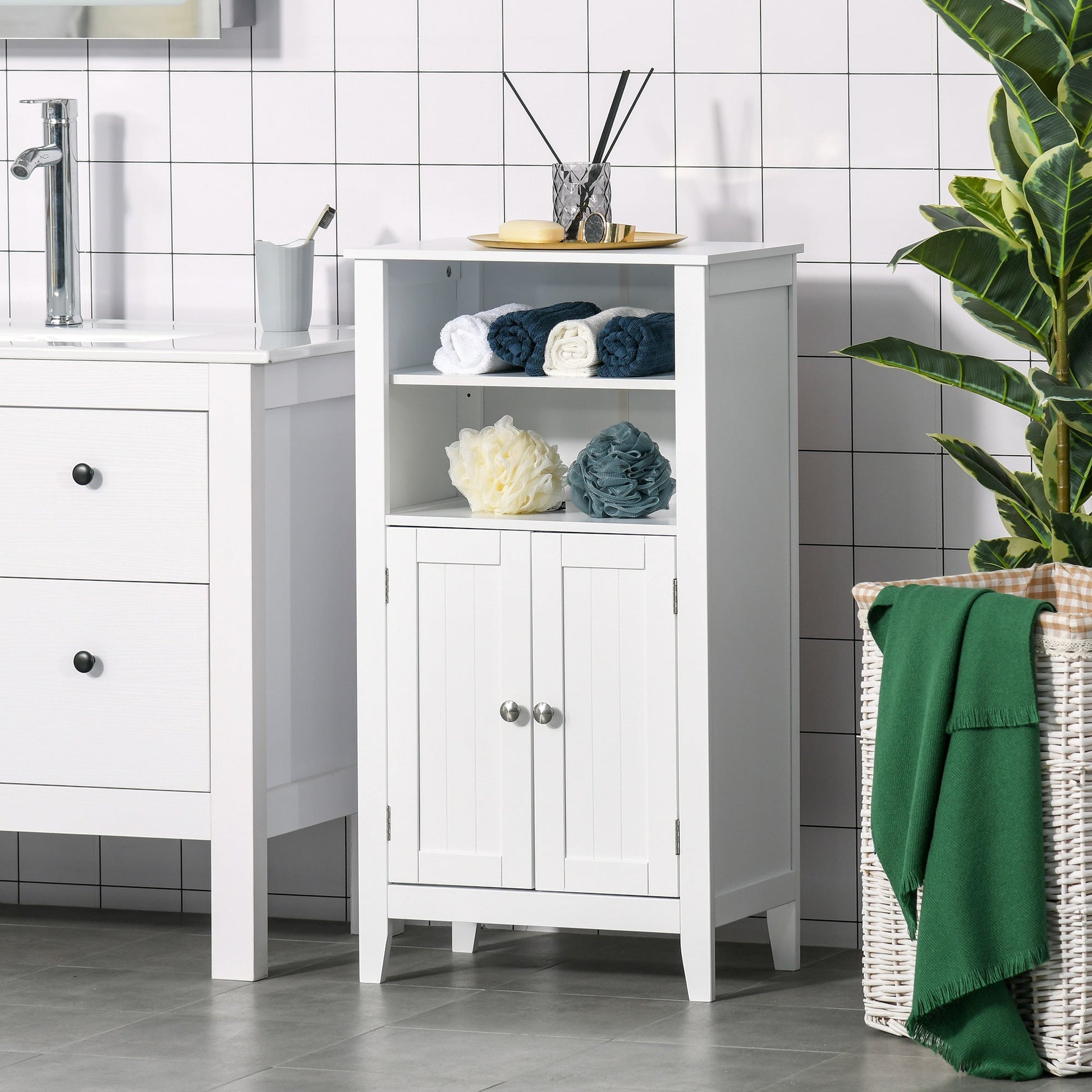 Kleankin Bathroom cabinet with adjustable shelves and cabinet 2 white wooden doors, 50x30x93cm - Borgè