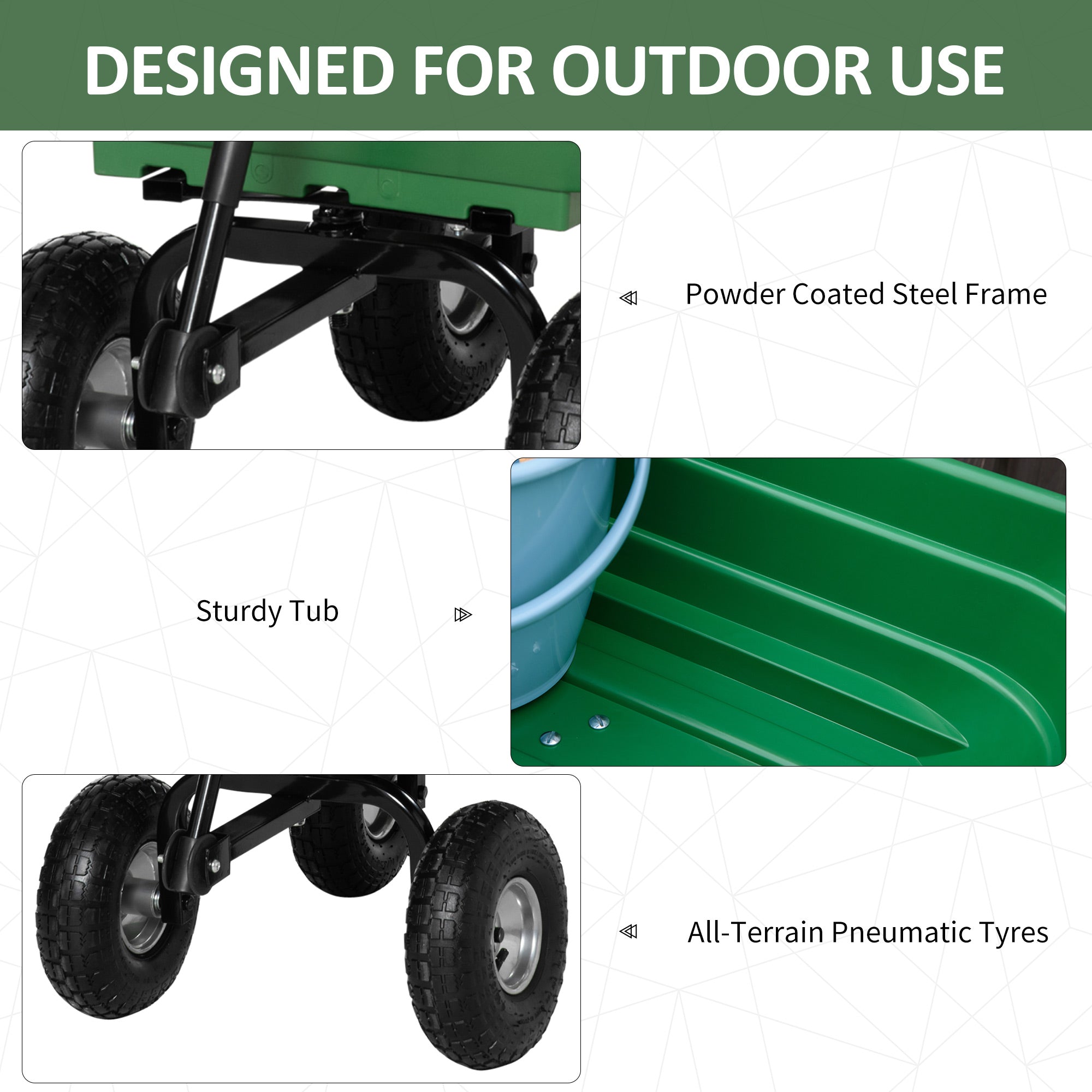 Garden Cart with Steel Frame and Pneumatic Tires, 108x52x100cm, Green - Borge' Group Limited