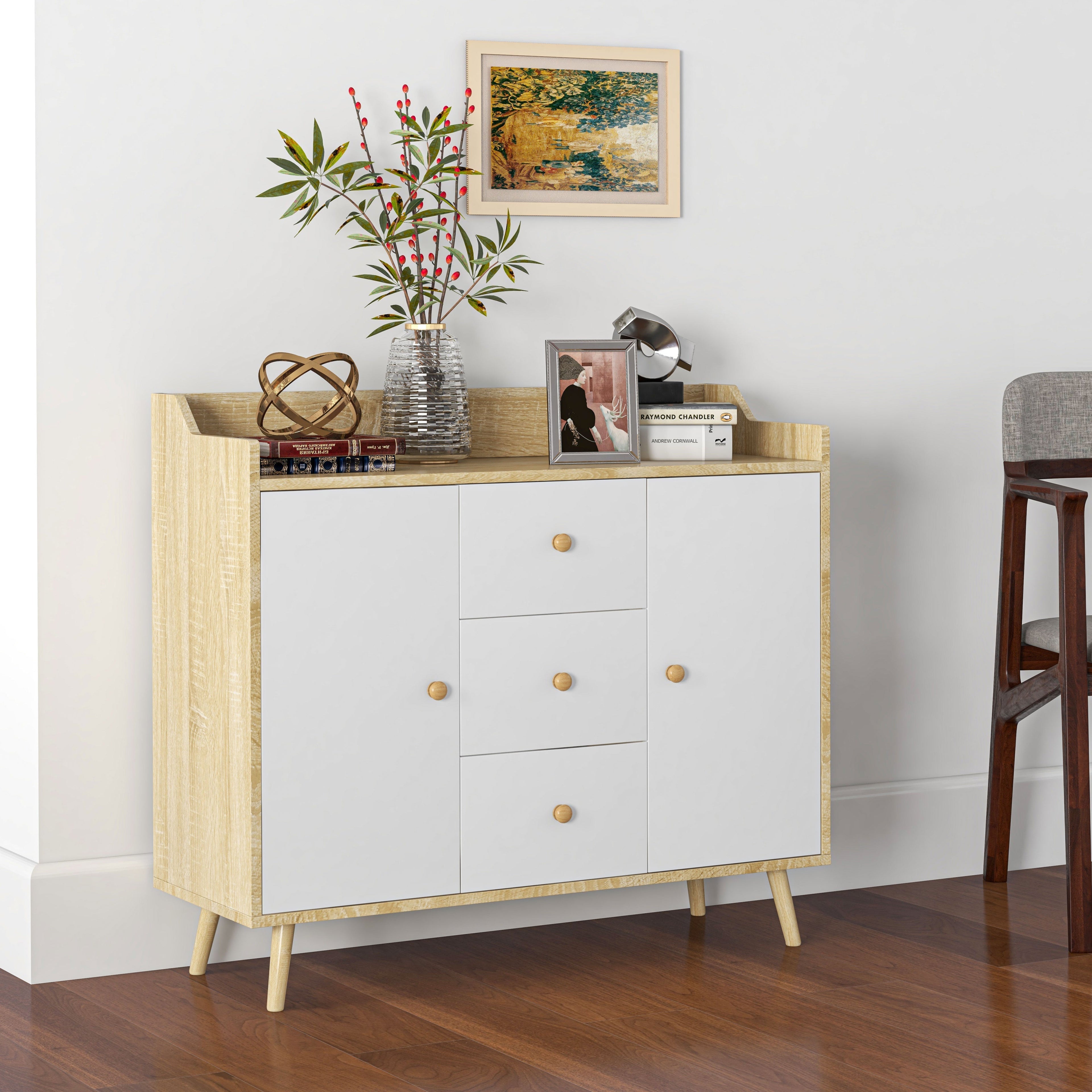 Homcom Modern unit in Pino wood with 3 drawers and 2 doors, 90x32x80h cm - Borgè