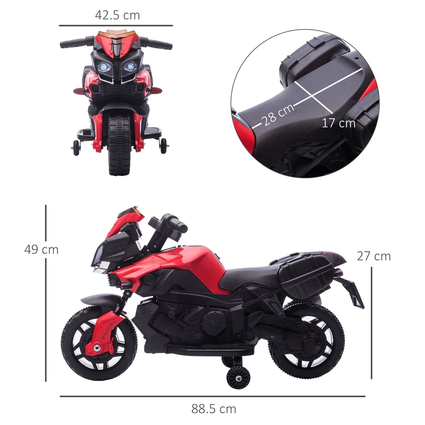 electric motorcycle for children with headlights and clacson, 6v speed 3km/h battery, age 18-48 months, 88.5x42.5x49cm, red - Borgè