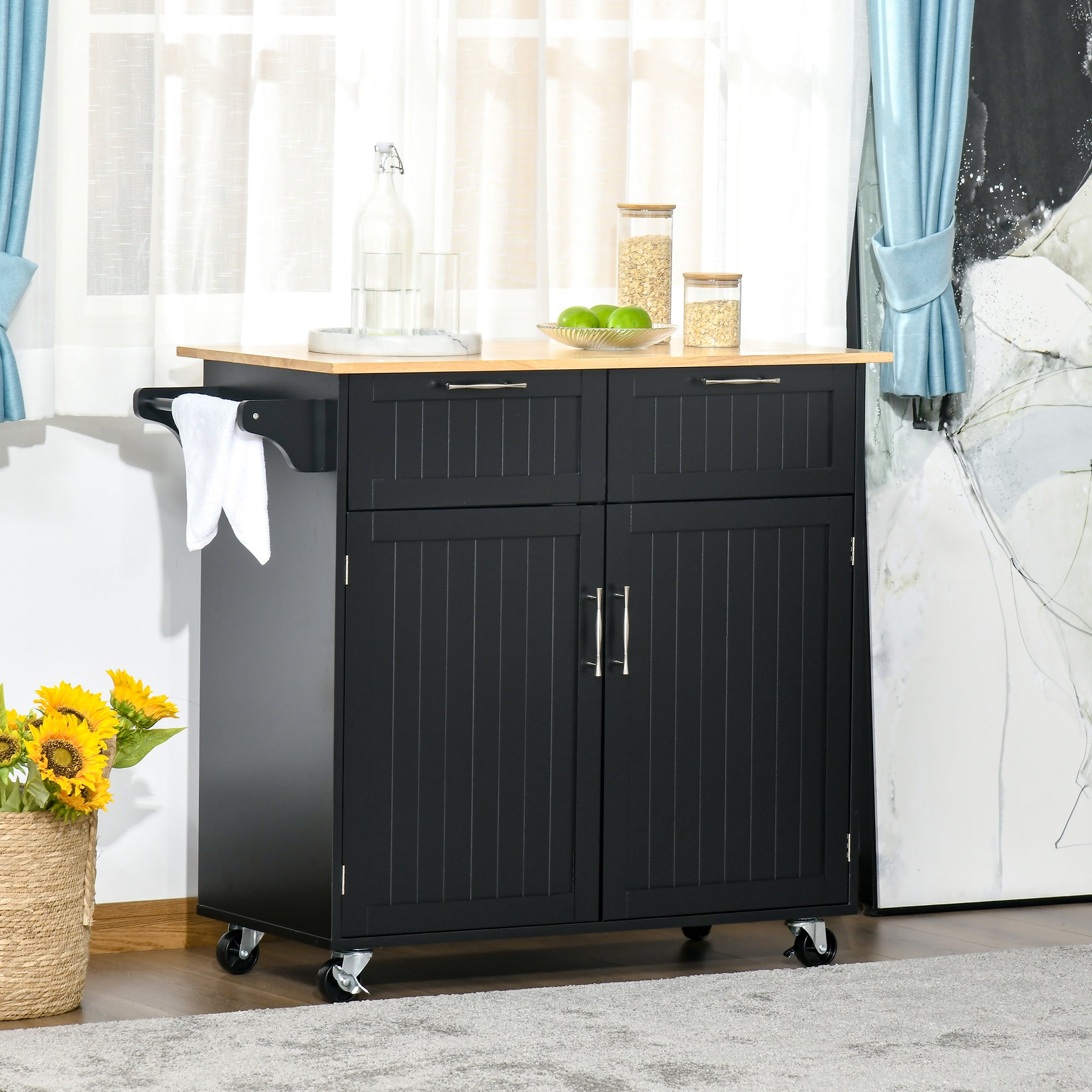 Multiuse wooden kitchen trolley with 2 drawers, locker and 4 wheels, 104x46x91cm, black - Borgè