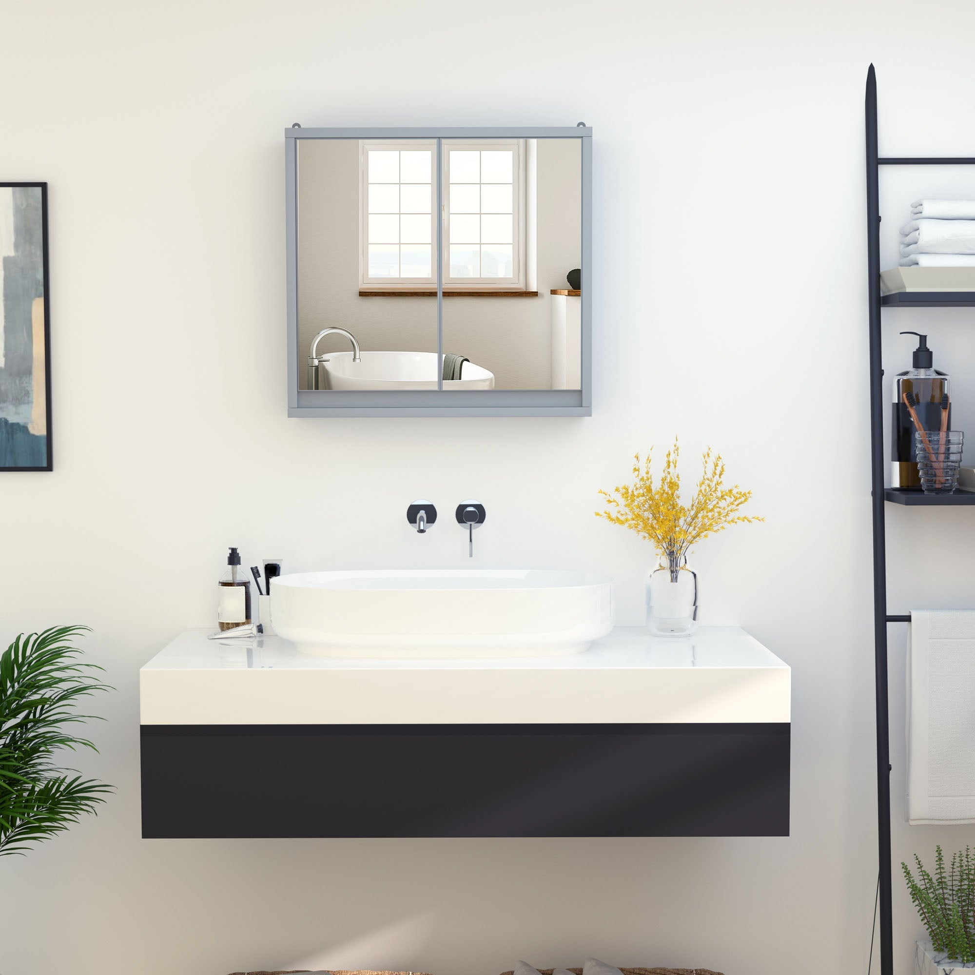 Homcom double glass cabinet with adjustable shelf with wood walls 48x14.5x45cm gray - Borgè