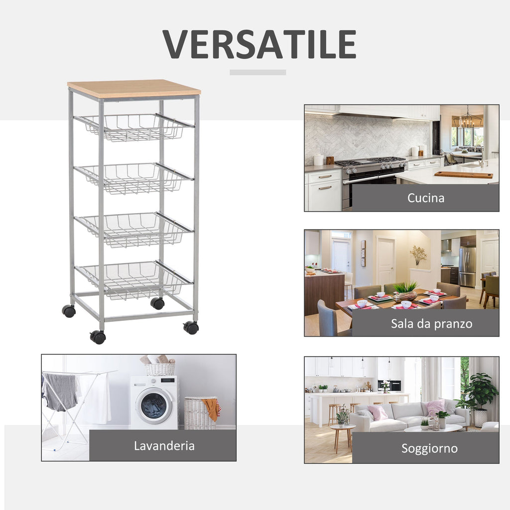 Kitchen Cart with removable steel and wheels, 36.5x36.5x89cm - Borgè