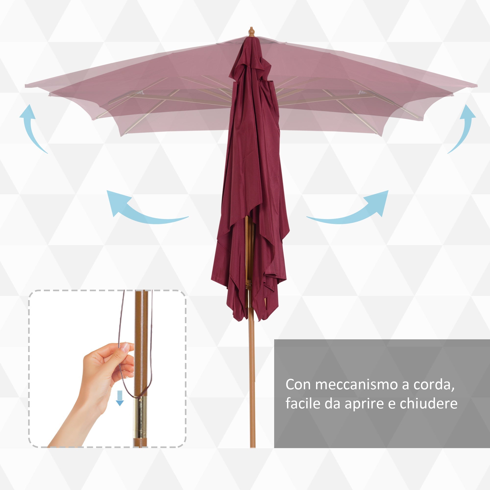 2x3m Waterproof Garden Umbrella with 8 Ribs, in Wood and Bamboo, Burgandy - Borge' Group Limited