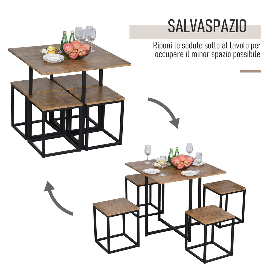 Set 5 pieces Table bar with industrial style stools for kitchen, house or restaurant, black and wooden color - Borgè