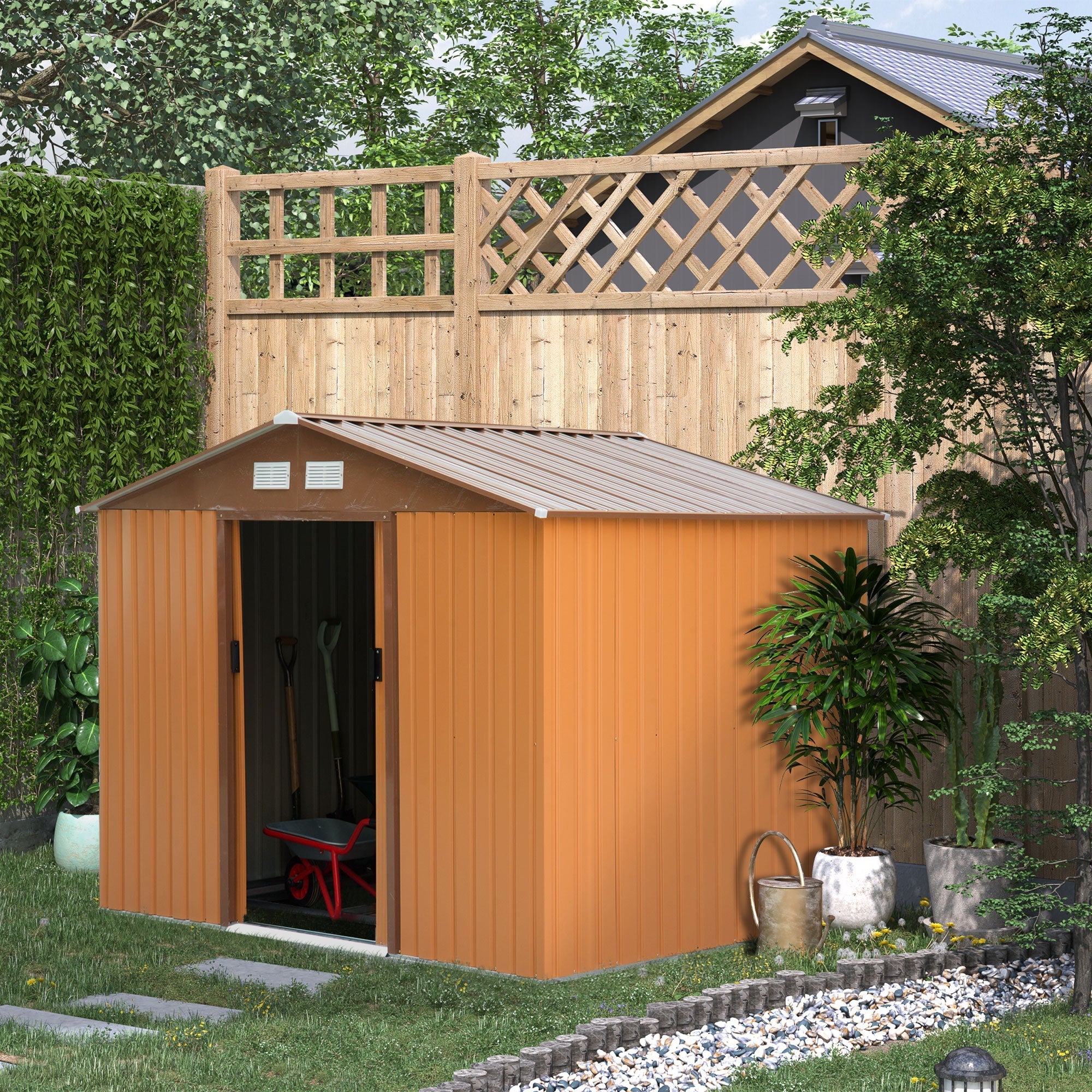 Garden Shed with Base and Double Sliding Doors, Steel Garden Shed, 277x195x192 cm, Yellow - Borge' Group Limited