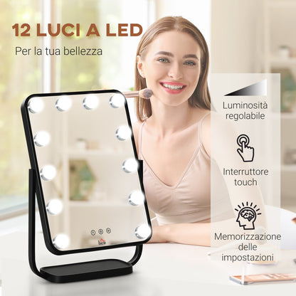 Illuminated make -up mirror inclinable with 12 LED lights and adjustable brightness, 32.8LX11x47.4cm - Borgè