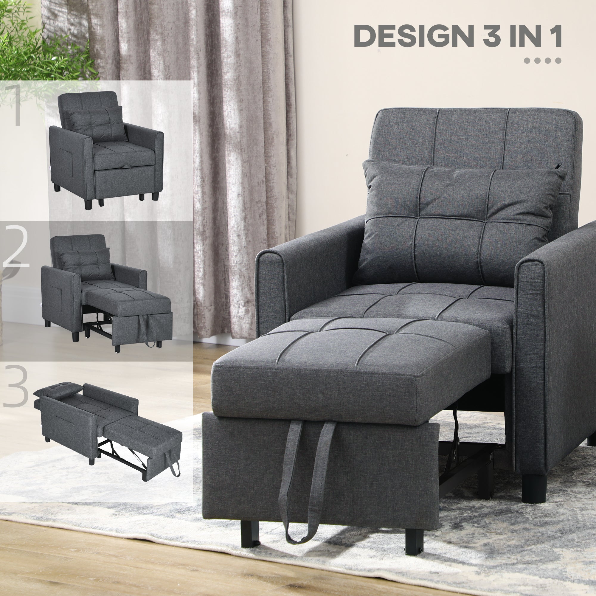 Single Bed Armchair Reclinable on 3 levels with extra pillow, 69x82x85cm, Grey - Borgè
