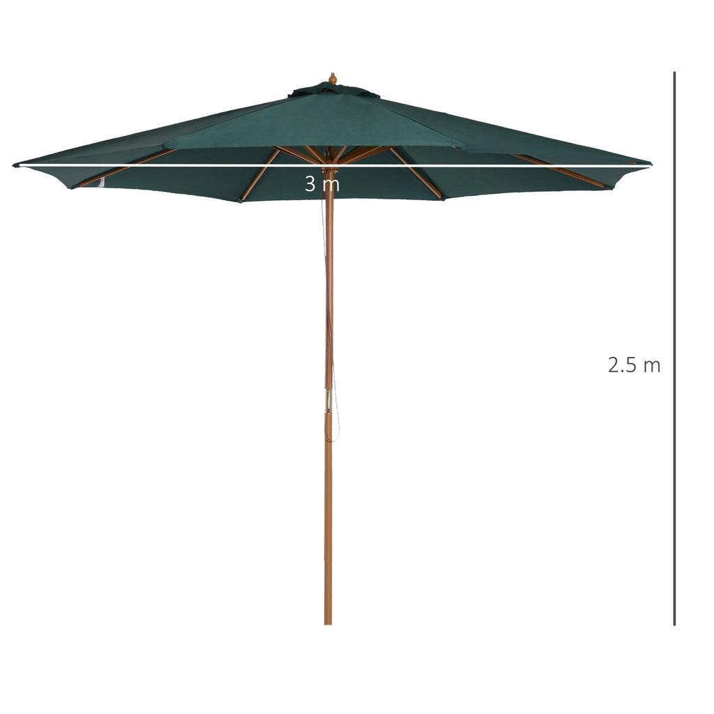 3x2.5 m Garden Umbrella with Rope Opening, 8 Ribs, in Wood and Polyester, Dark Green - Borge' Group Limited