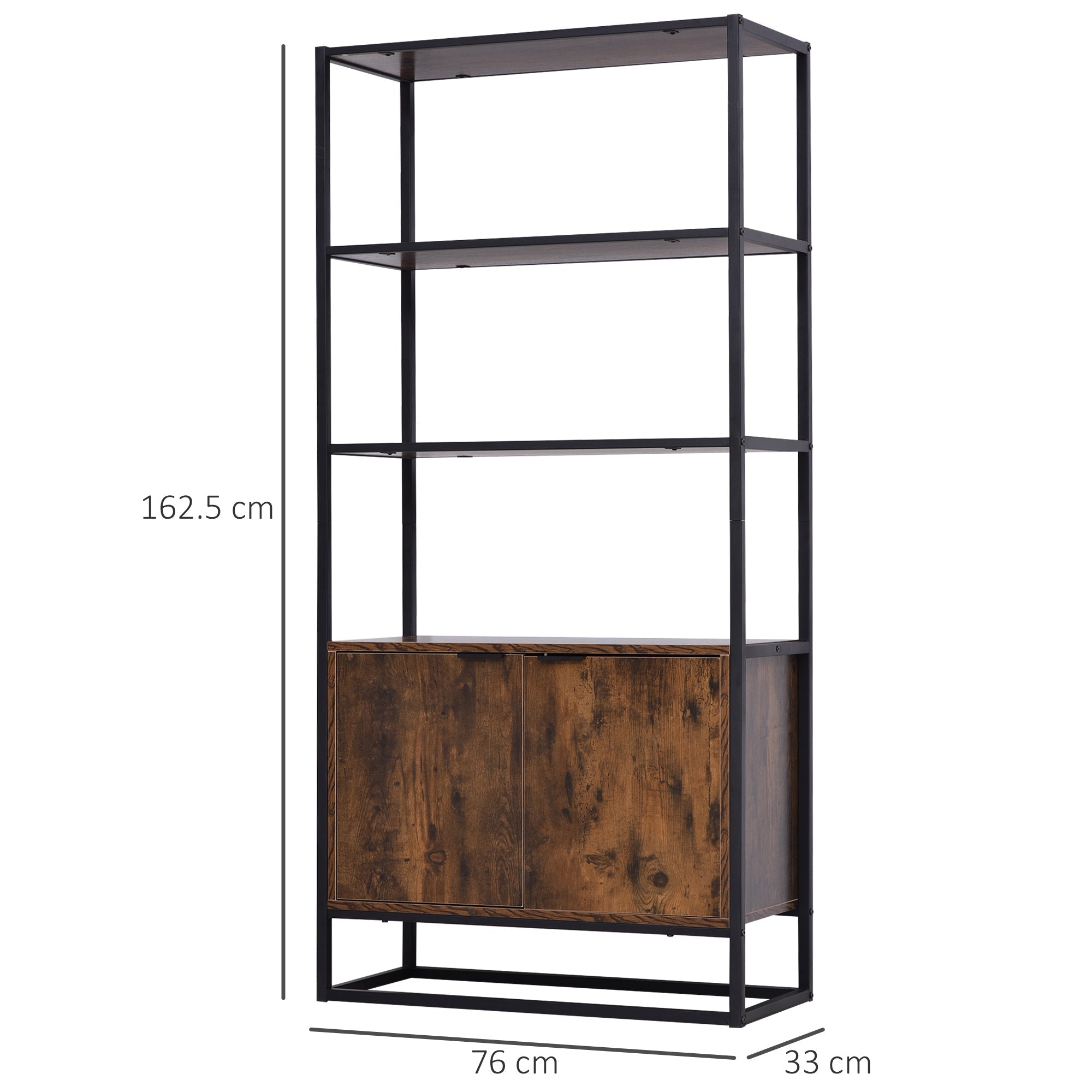 Wall bookcase shelf with doors and 3 wooden and black metal shelves - Borgè