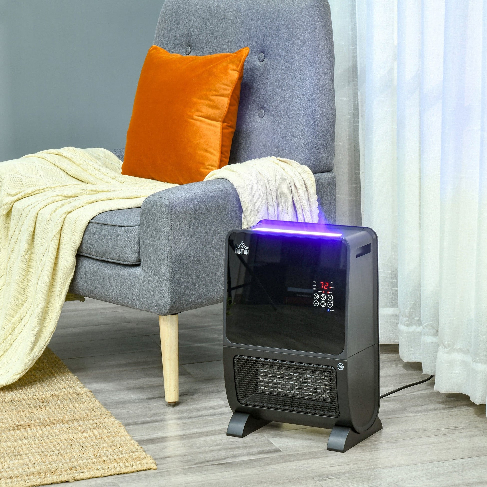 Electric Heater 2 in 1 with humidifier, 3 -colored LED light and ultraviolet, timer and remote control, 33x21x49.5cm - black - Borgè