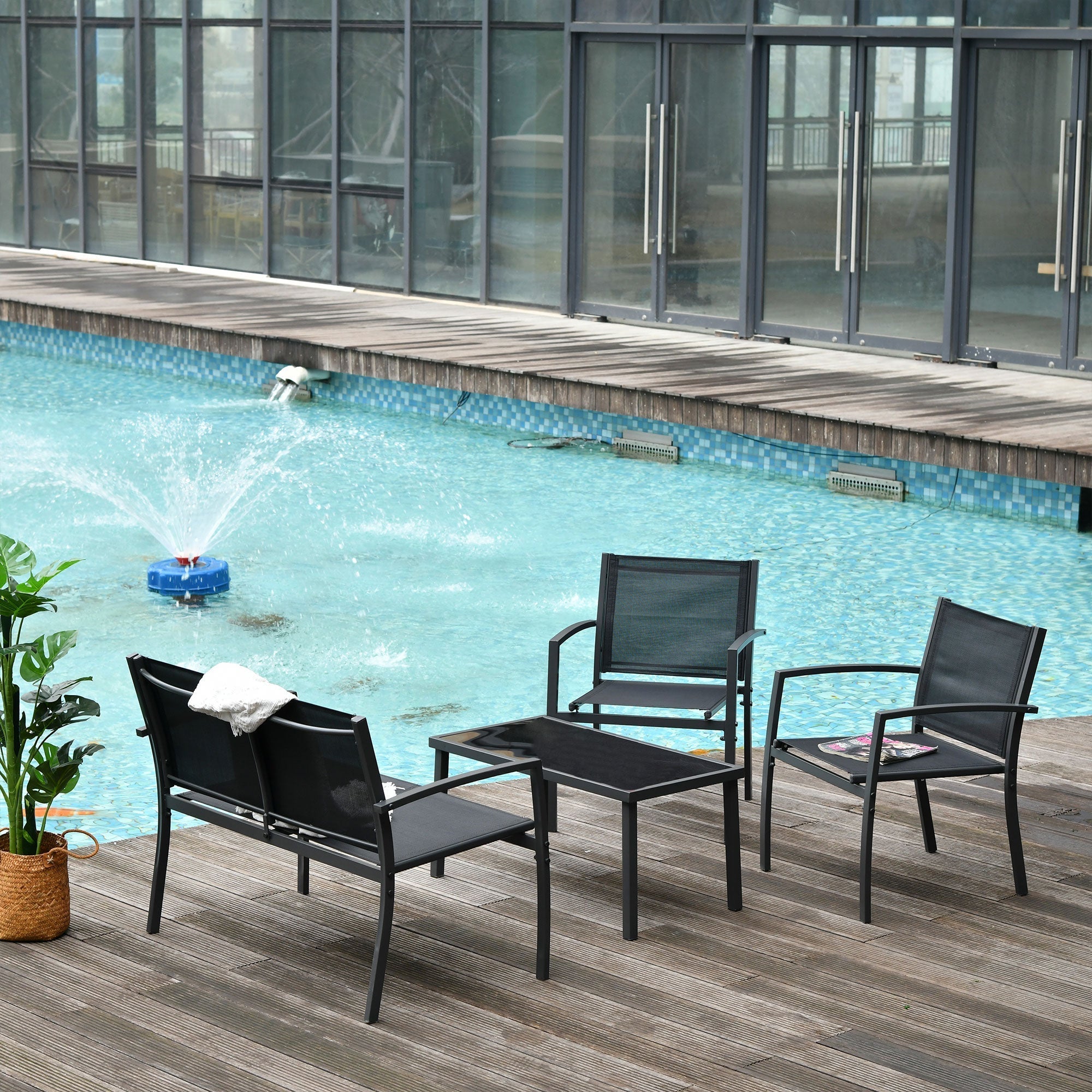 Outdoor Lounge Set, 4 Piece Set with 1 Coffee Table, 2 Garden Chairs and 1 Metal Bench, Black - Borge' Group Limited