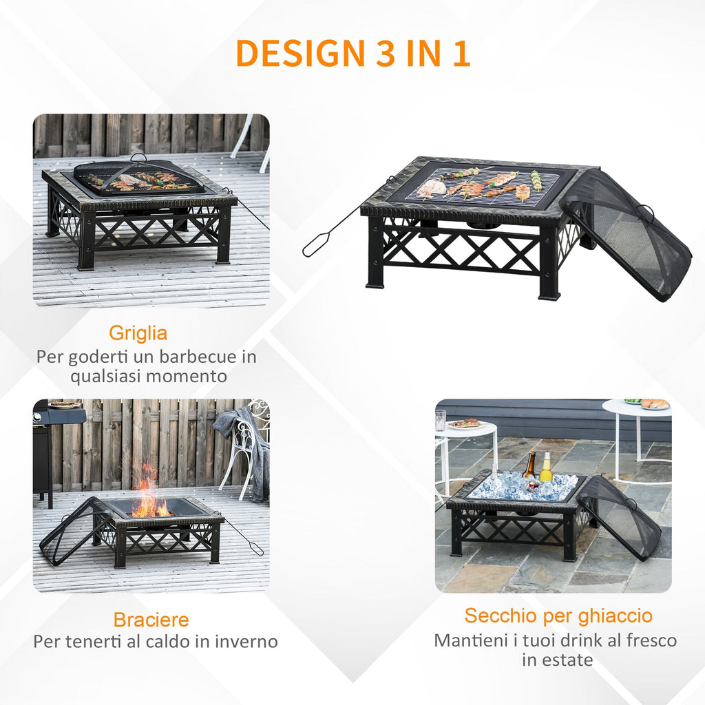 SIENA | Garden Fire Pit with Lid Spark Guard and Metal BBQ Grill 76x76x47cm Black - Borge' Group Limited