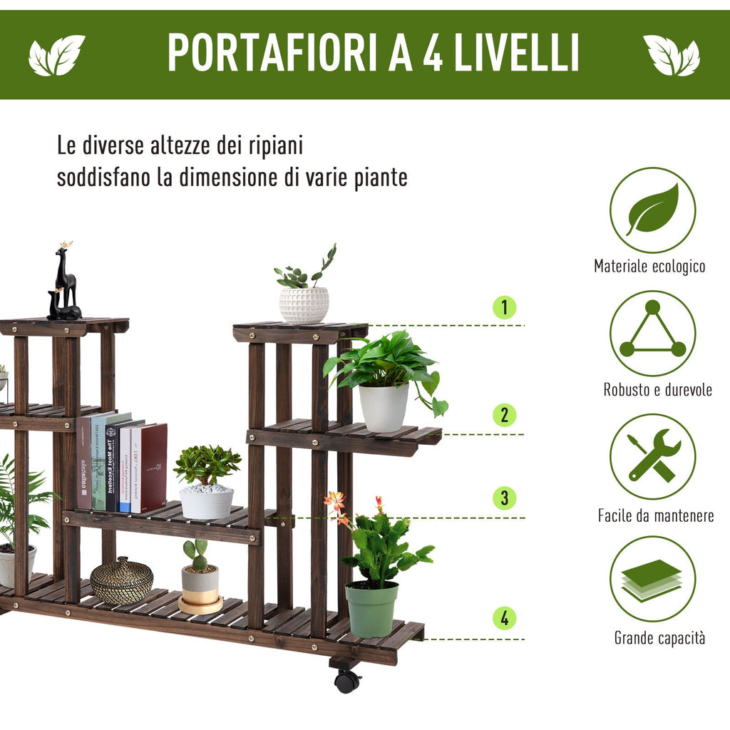 4-Tier Flower Rack, Indoor and Outdoor Wooden Planter with 4 Wheels, 123.5 x 33 x 80cm - Borge' Group Limited