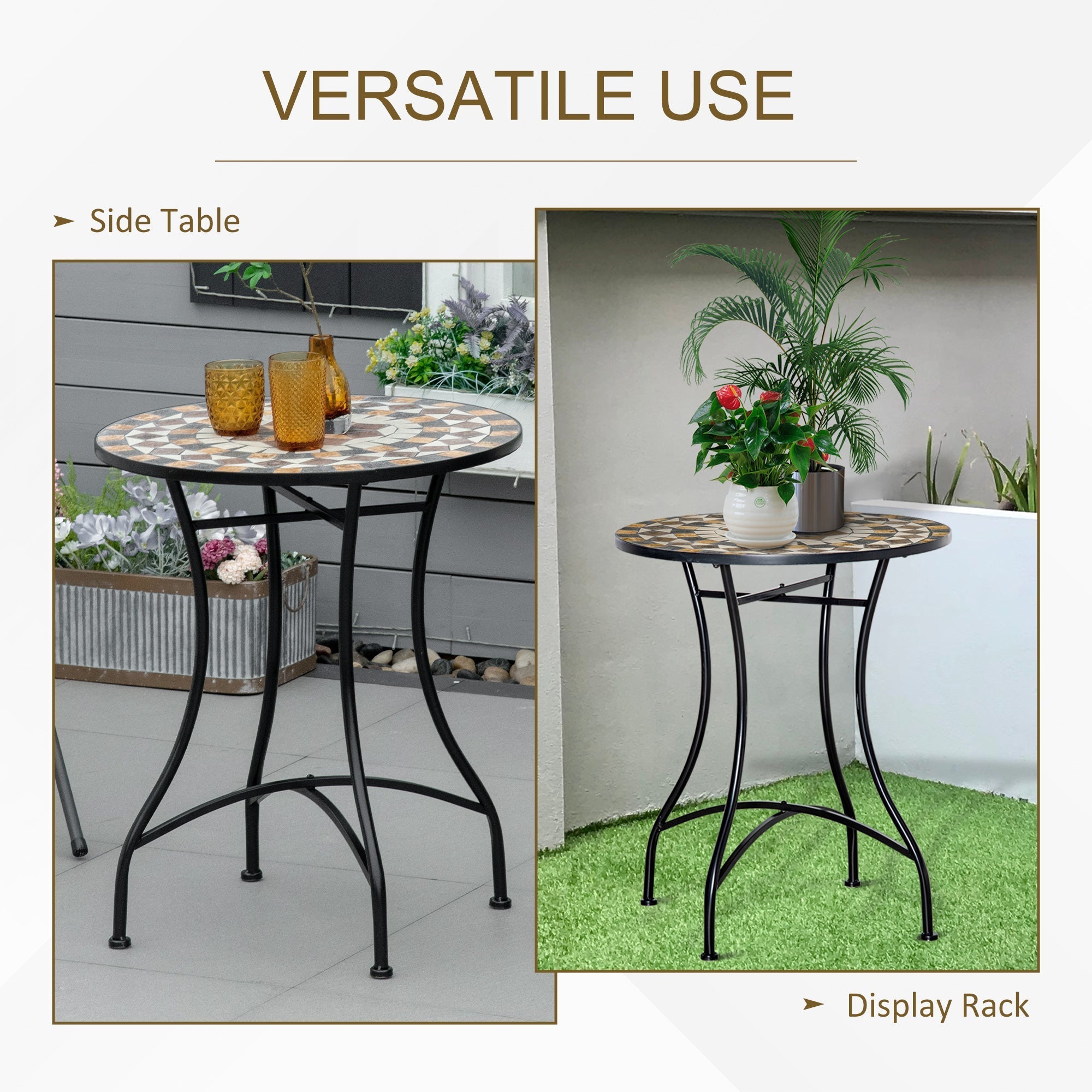 Round Metal and Mosaic Garden Table for Outdoor and Indoor Use, 60x71cm, Black - Borge' Group Limited