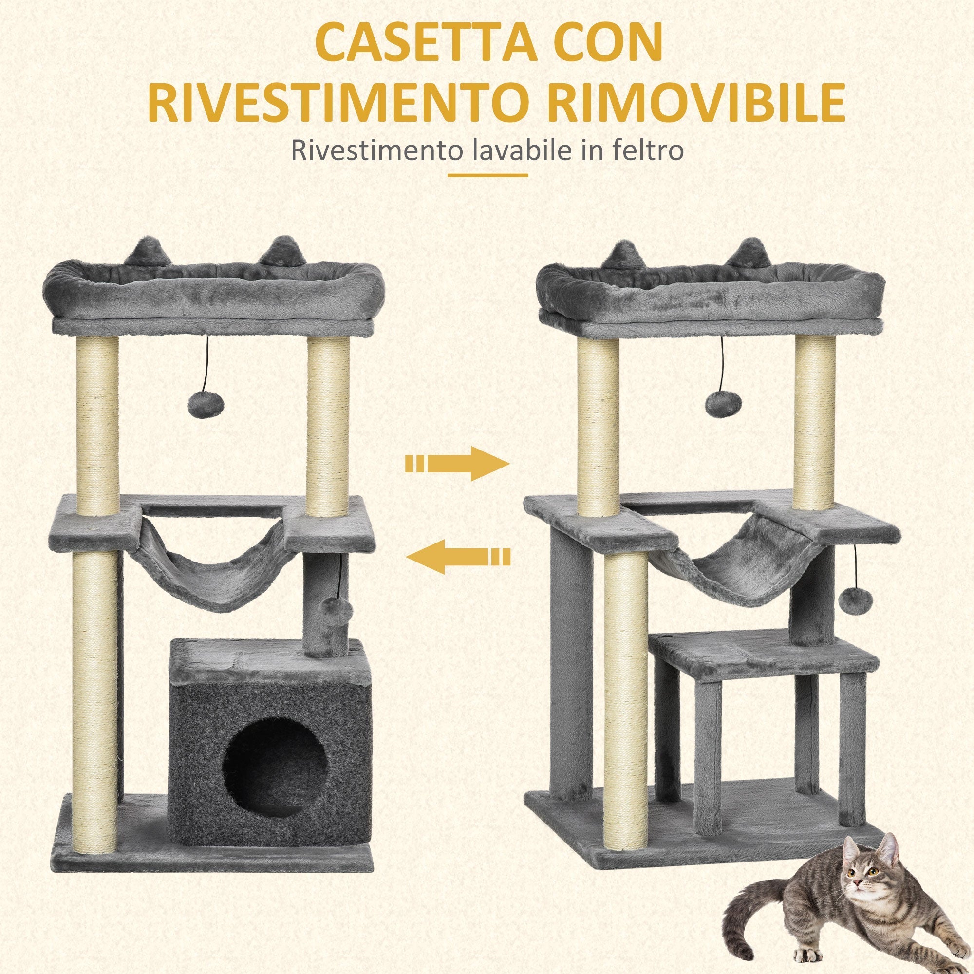 Cat Tree for cats with Scratch Pole and Hammock height 100cm - Grey - Borge' Group Limited