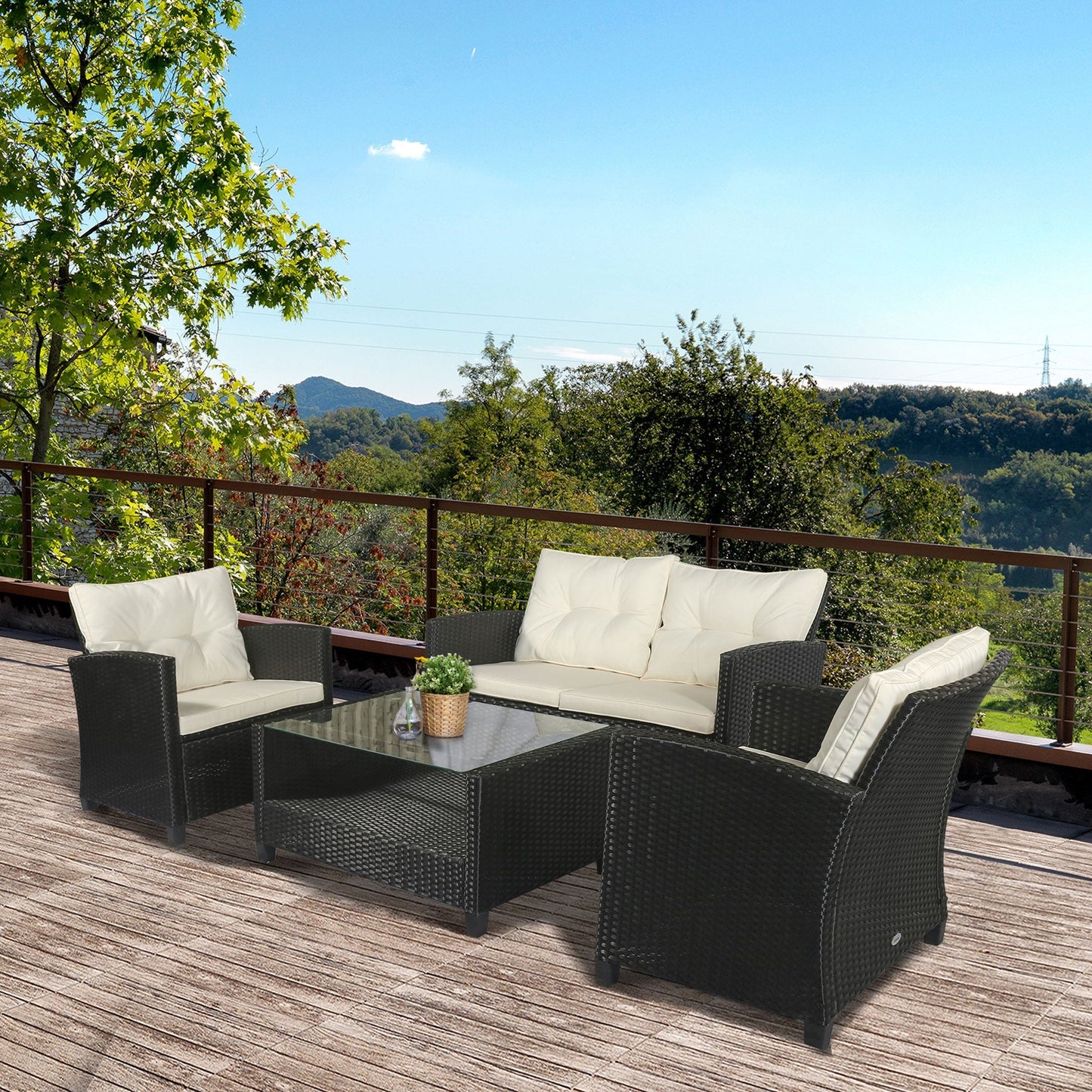 NARCO | 4-Piece Garden Furniture Set in PE Rattan and Coffee Table, Upholstered Sofa and Armchairs Black and Beige 124x68x76cm - Borgè