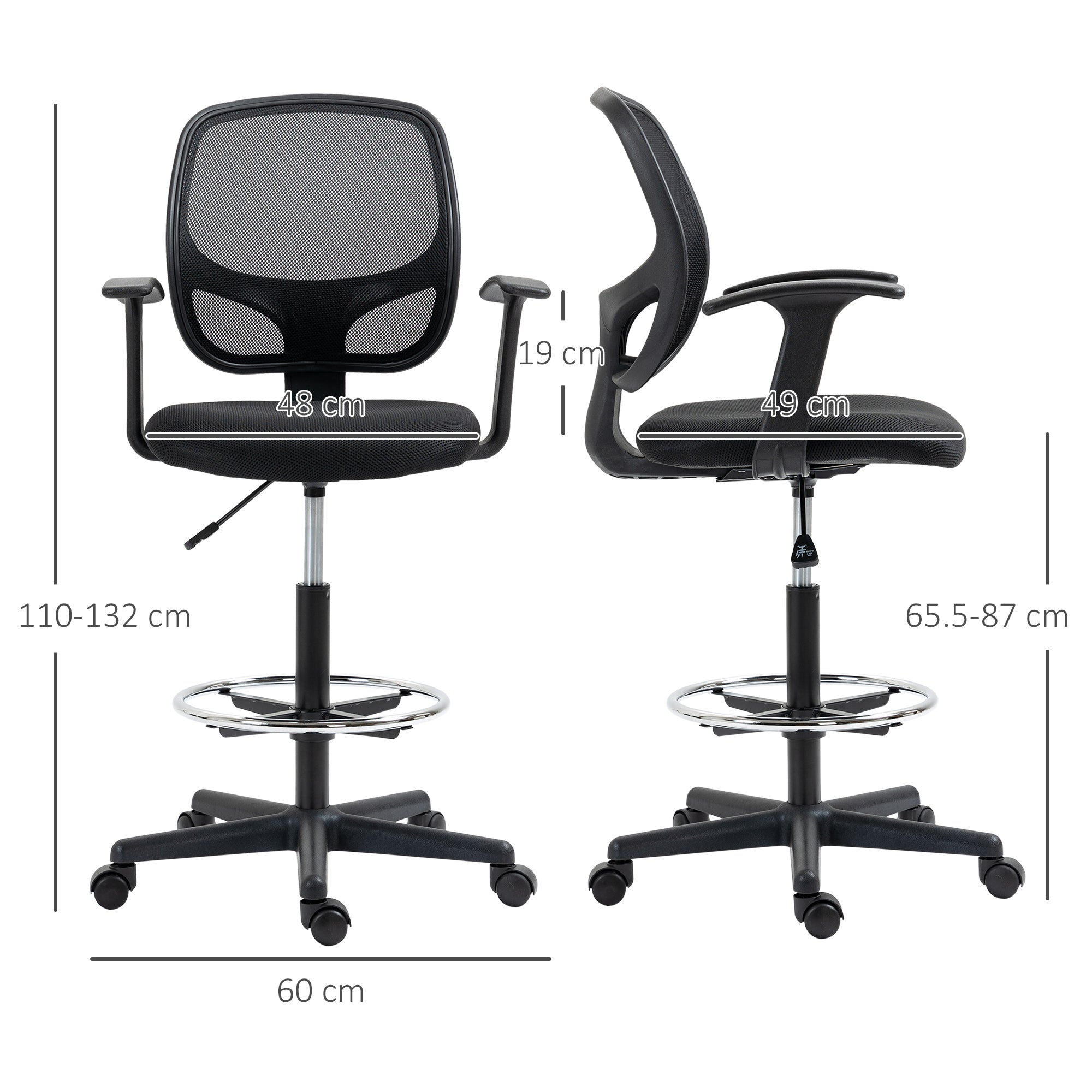 Vent office chair with adjustable height with armrests, wheels and padded seat, 60x56x110-132 cm, black - Borgè