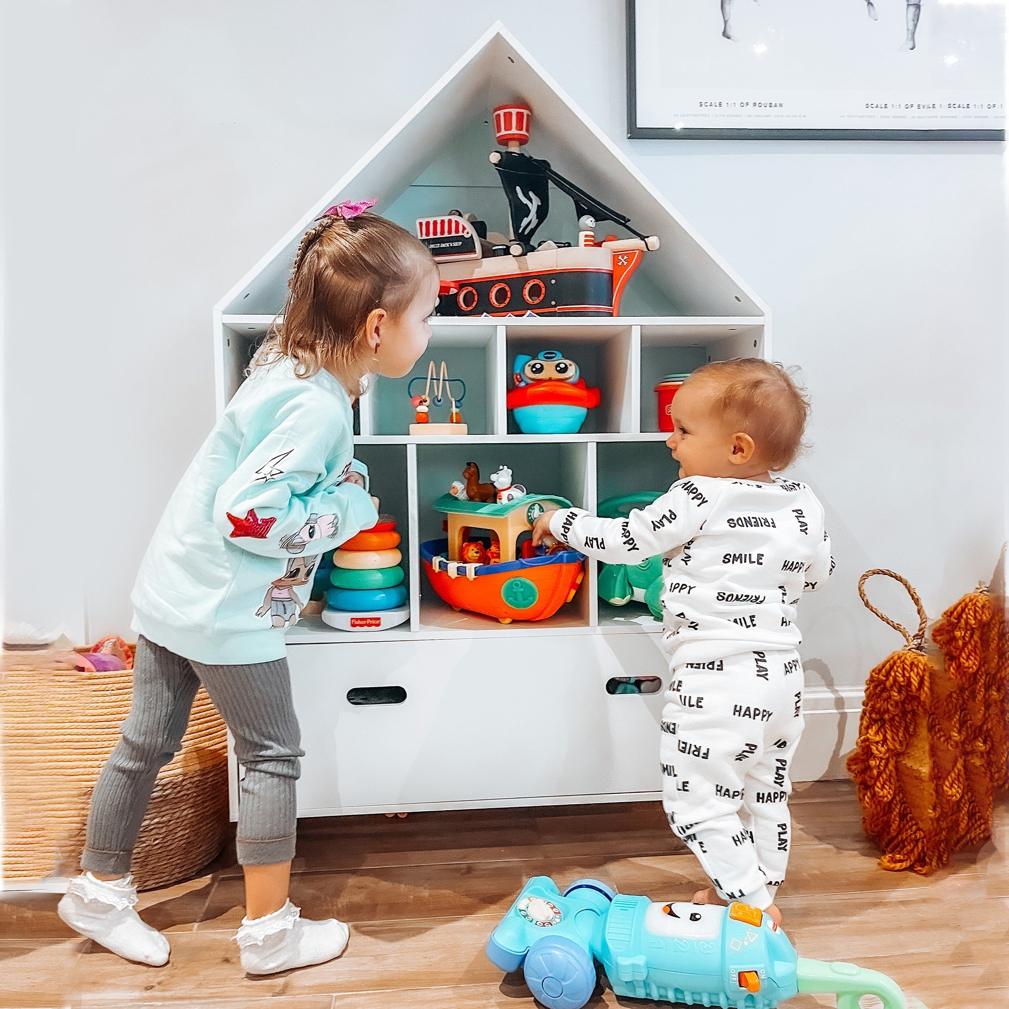 Bookcase Toy Storage Shelf for Children's and Teens' Bedroom with White Cube Shelves, Two Colors Changed, Blue and Pink 82x30x126cm - Borgè