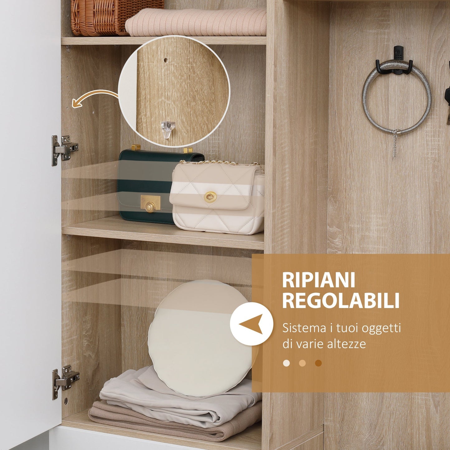 input mobile 4 in 1 in chipboard with mirror, hooks and adjustable interior shelves, 145x29x184 cm - Borgè