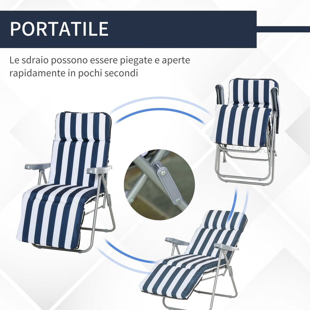2-Piece Folding and Reclining Outdoor Lounge Chair, Sun Lounger with Padded Cushion, Blue and White - Borge' Group Limited