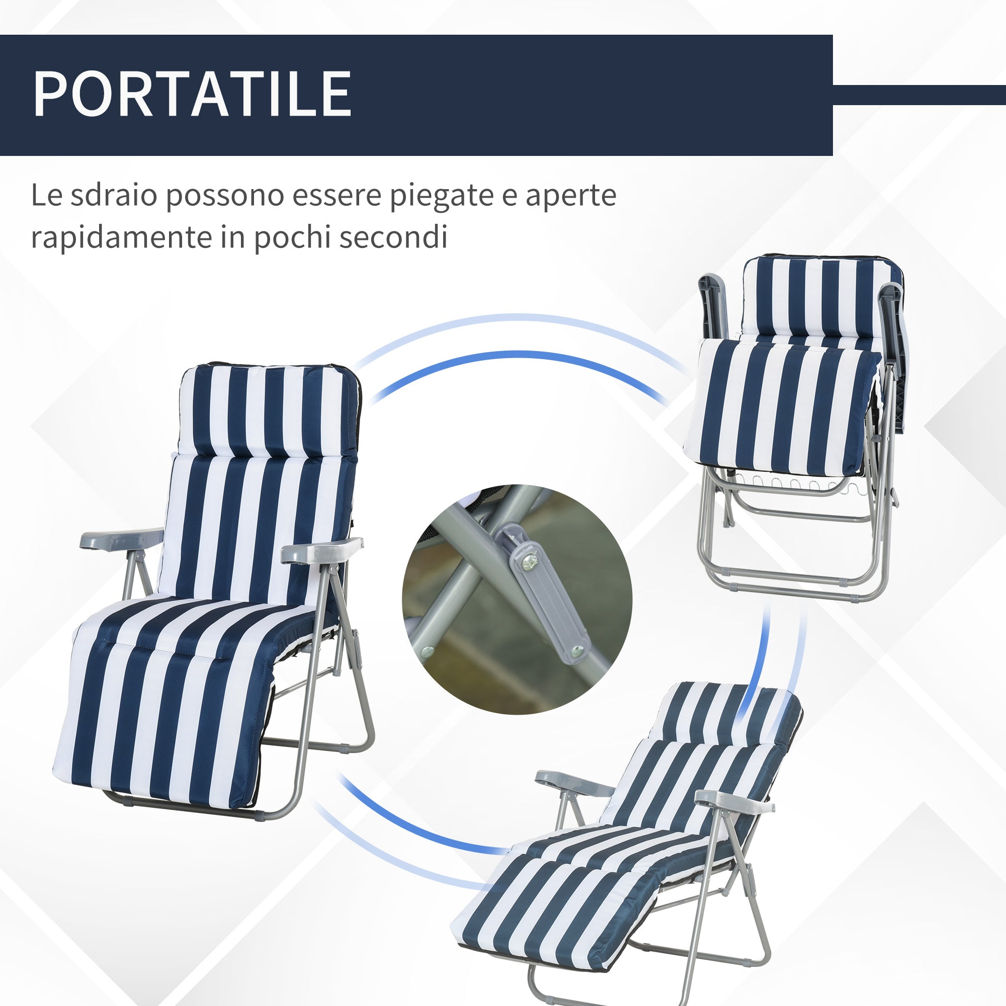 2-Piece Folding and Reclining Outdoor Lounge Chair, Sun Lounger with Padded Cushion, Blue and White - Borge' Group Limited