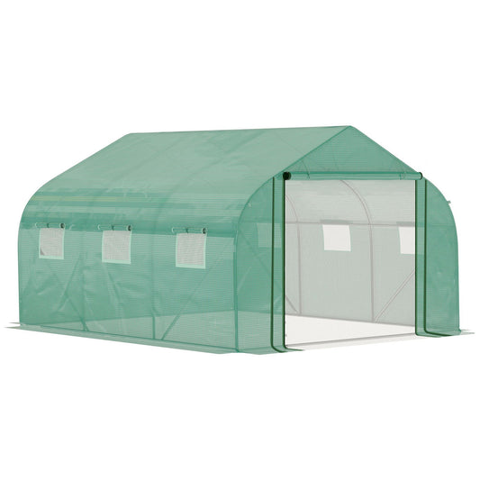 Outsunny tunnel greenhouse with PE coverage and steel structure, roller shuttle and 6 windows, 347x300x200cm, green