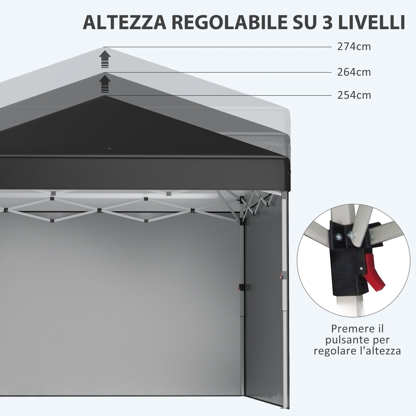 Height-Adjustable Pop Up Foldable Garden Gazebo with 2 Walls and Bag Included, 297x297x274 cm, Black - Borgè