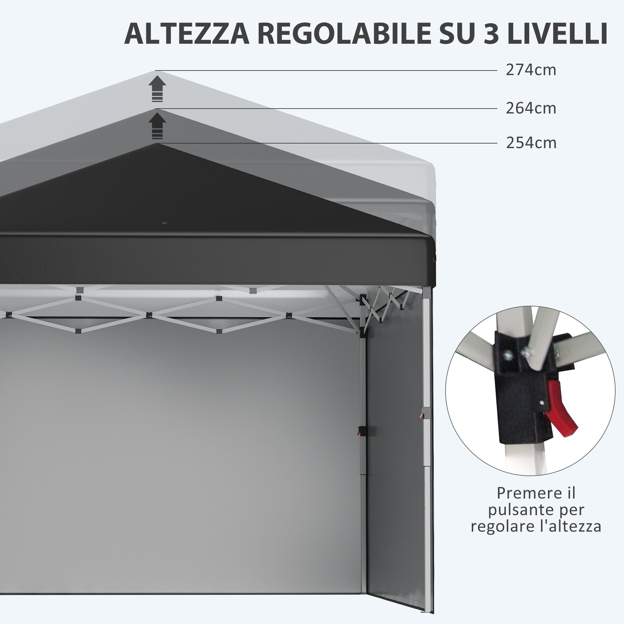 Height-Adjustable Pop Up Foldable Garden Gazebo with 2 Walls and Bag Included, 297x297x274 cm, Black - Borge' Group Limited