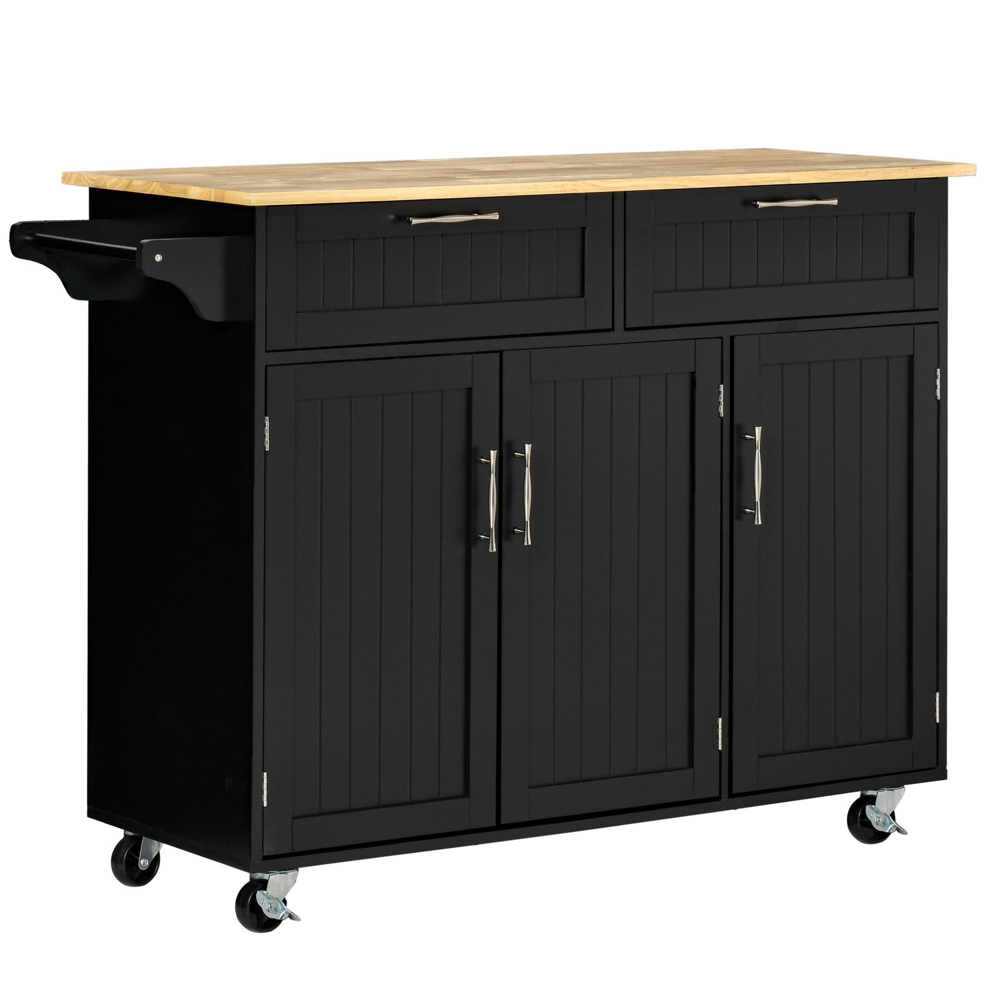 VERA | Wooden Kitchen Trolley with 2 Drawers, 3 Door Cabinet and 4 Wheels, 121x46x91cm, Black - Borgè