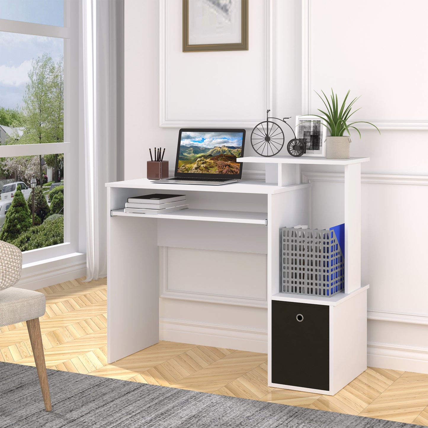 Modern Desk With Keyboard and Fabric Drawer, 100x40x86.6cm, Black and White - Borgè