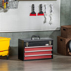 Durhand Steel toolbox with 3 drawers and upper tray, 51x22x32 cm, red and black - Borgè