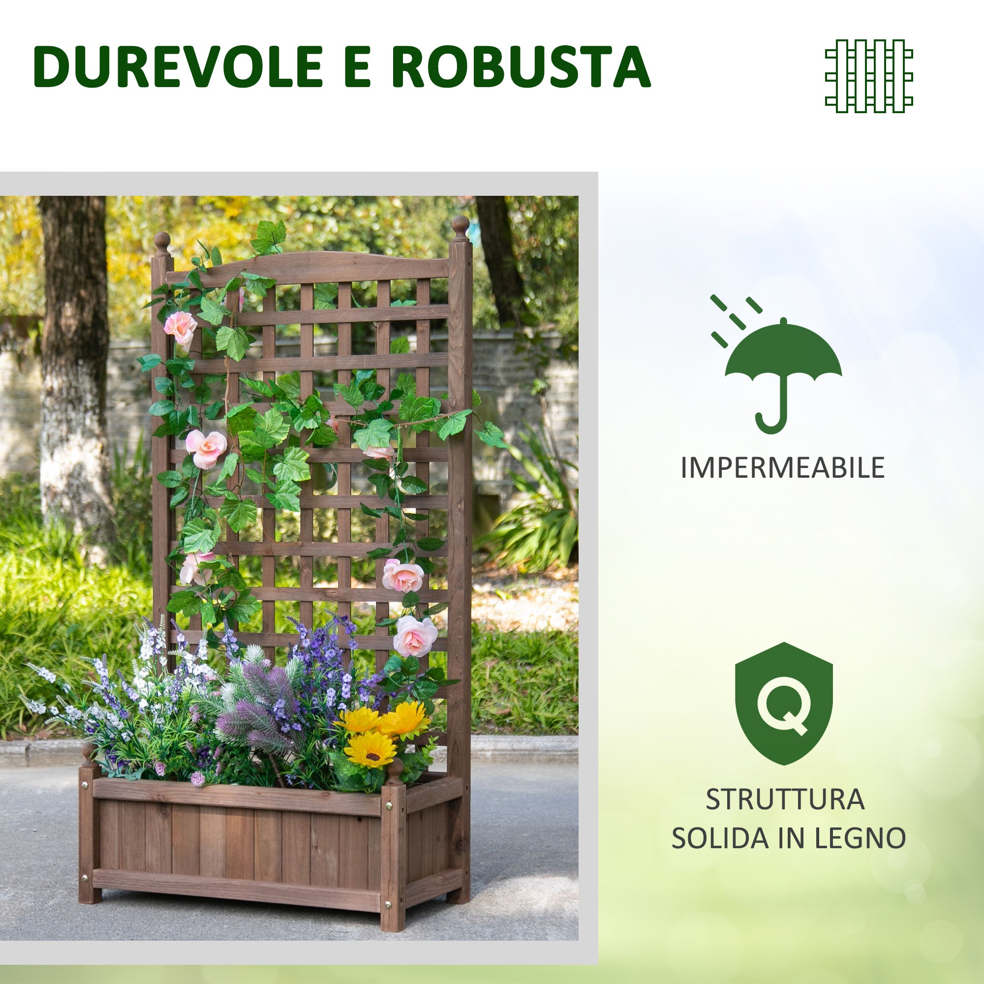 Outsunny Outdoor Wooden Fioriera with grilled for climbing plants, 64x28x120cm, brown - Borgè