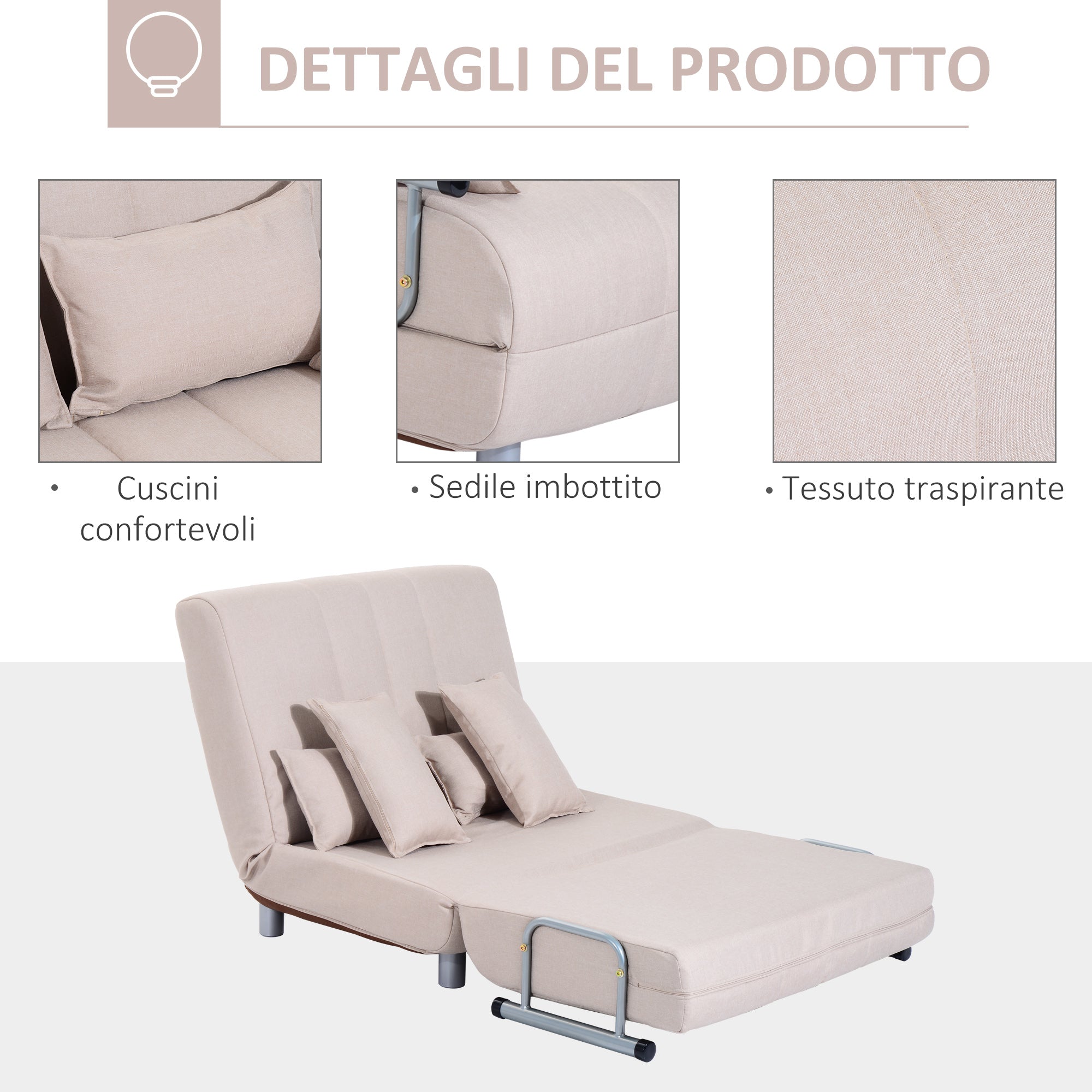 Homcom sofa bed 2 beds 1 square Â½ in steel and fabric with 4 cream cushions - Borgè