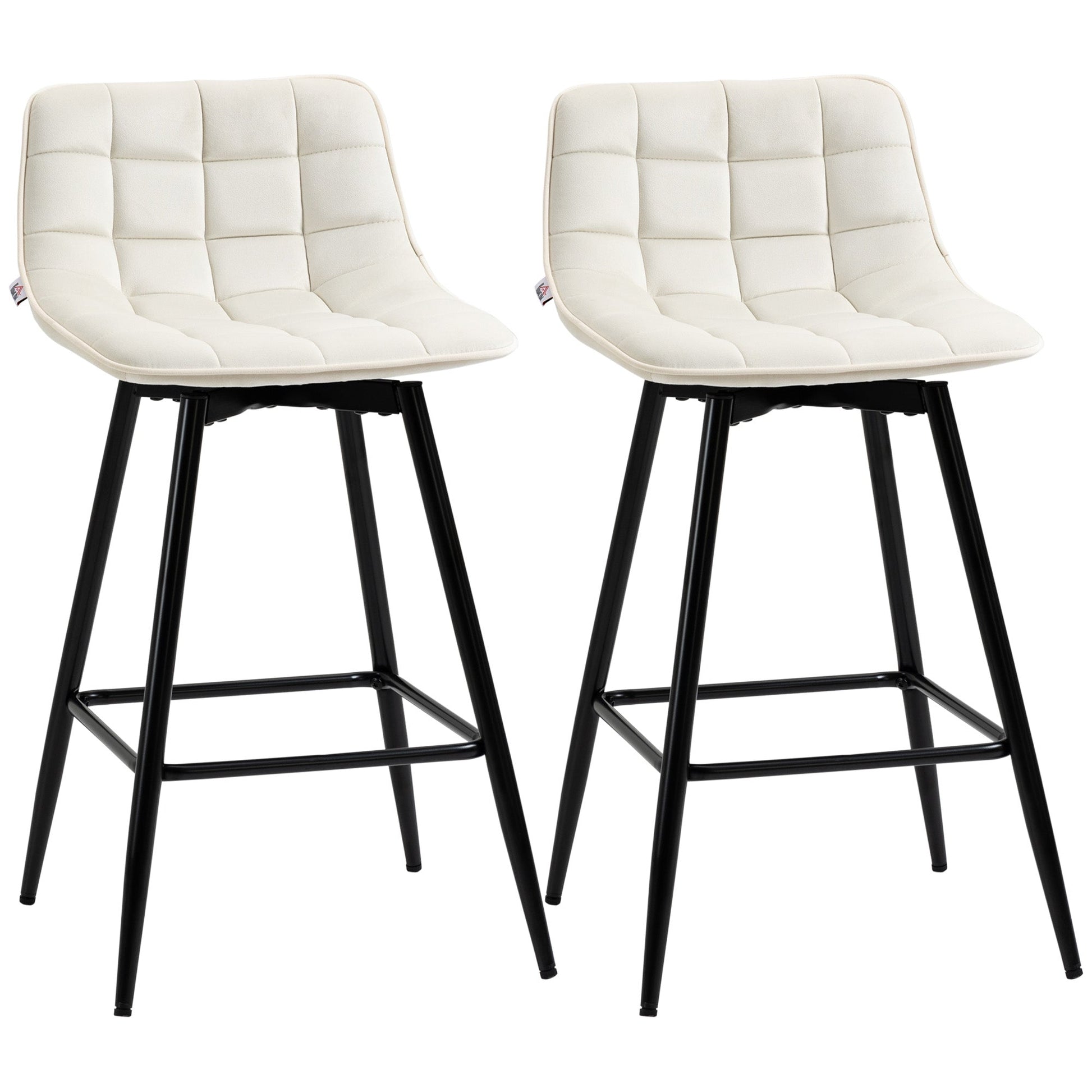 Set of 2 Nordic Style Bar Stools with Backrest and Footrest in Metal and Velvet, Cream, 45x47x84 cm - Borgè