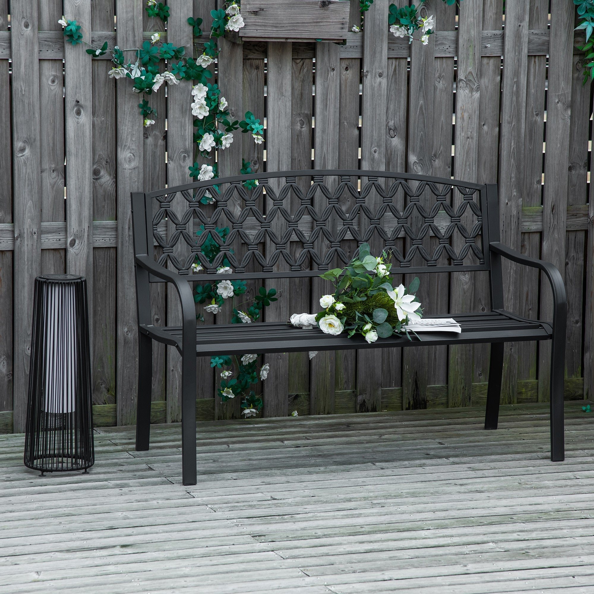 2-Seater Outdoor Bench with Armrests in Steel and Cast Iron, 128x58.5x89cm, Black - Borge' Group Limited