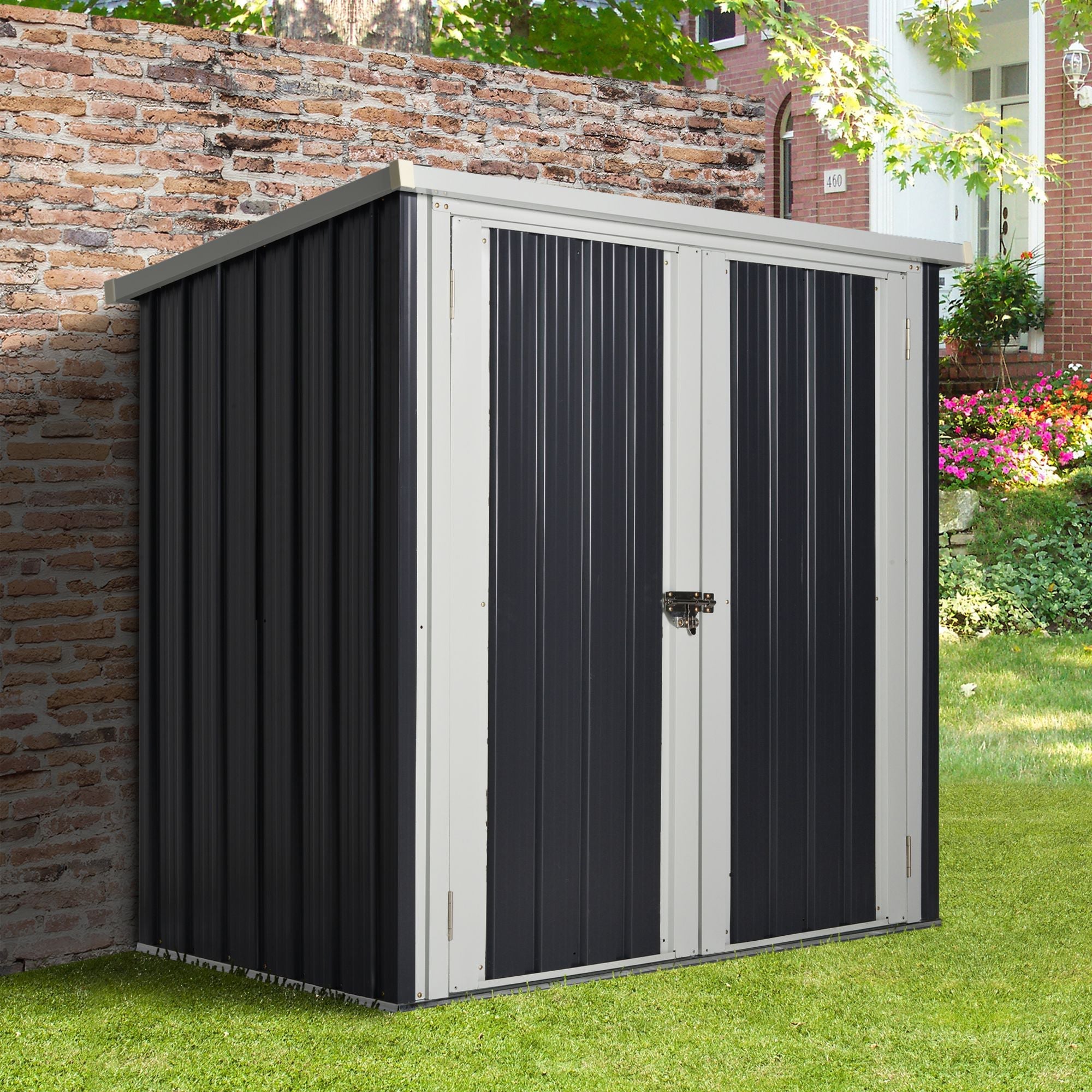 Steel Sheet Garden Shed with Double Door, 147x86x134cm, Black and White - Borge' Group Limited