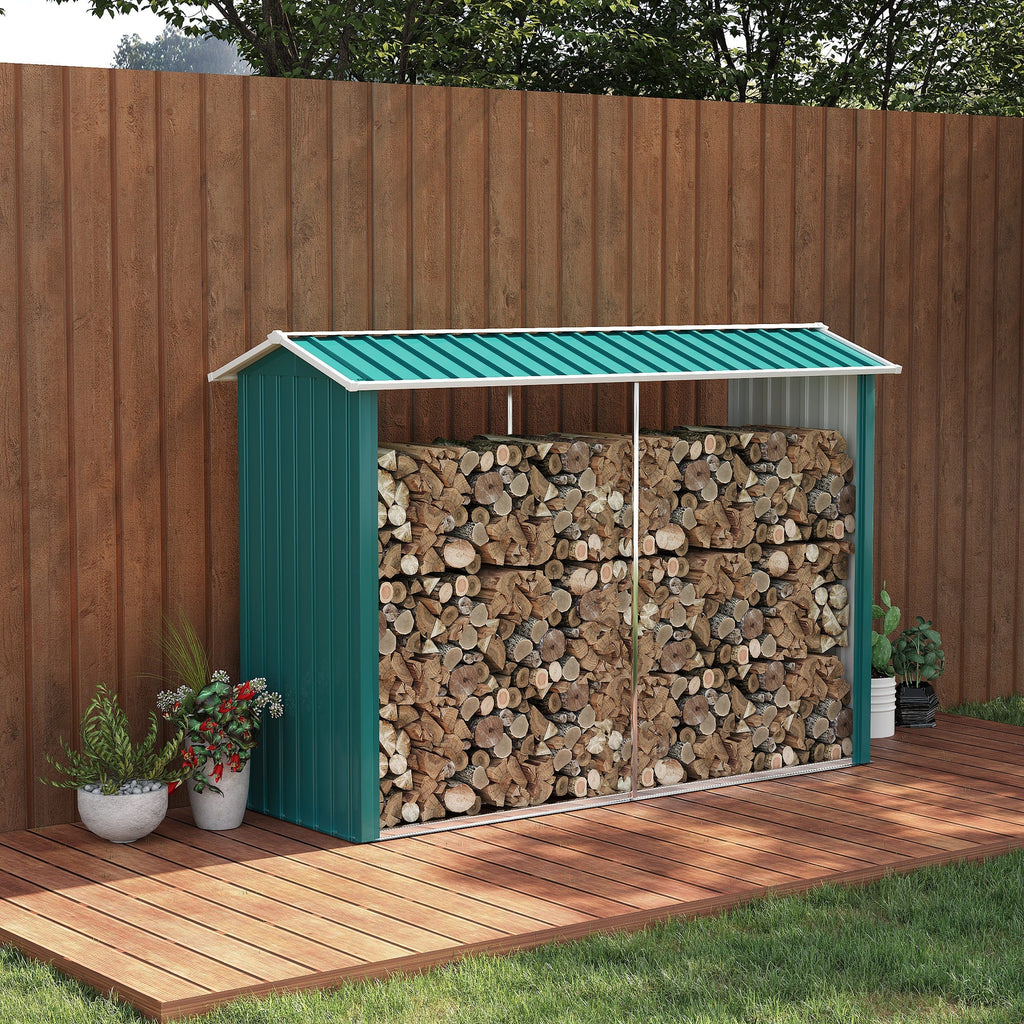 Woodshed with Galvanized Steel Frame and Raised Base, 240x 86x160cm, Green - Borge' Group Limited