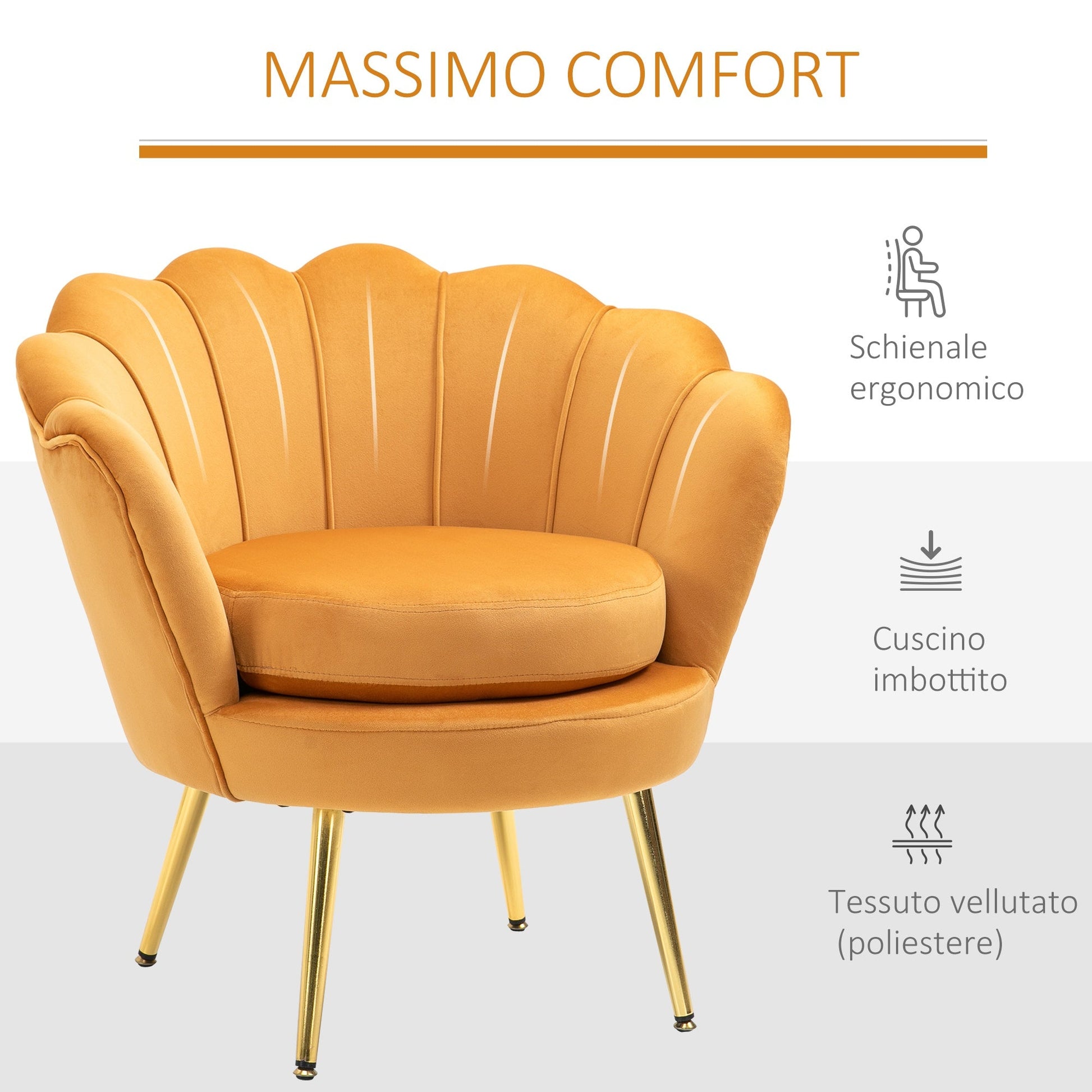 SEASHELL Design Mustard Velvet Chamber Armchair With Back | 76x67x74cm - Borgè