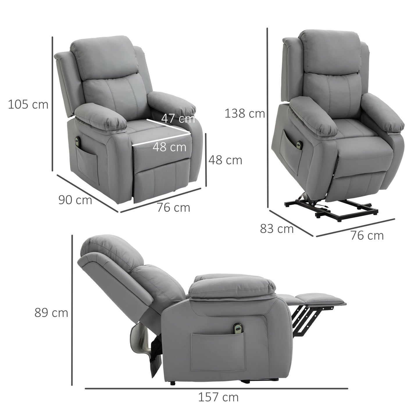 Reclinable Grey Armchair with Lift Assist up to 160 Â° with remote control - Borgè