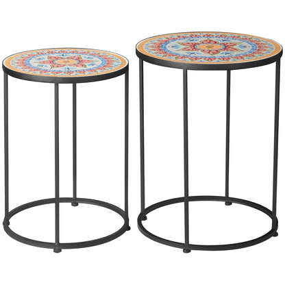 Outsunny garden set 2 metal and ceramic garden tables with mosaic top, ф41x53cm and ф36x49.5cm - Borgè