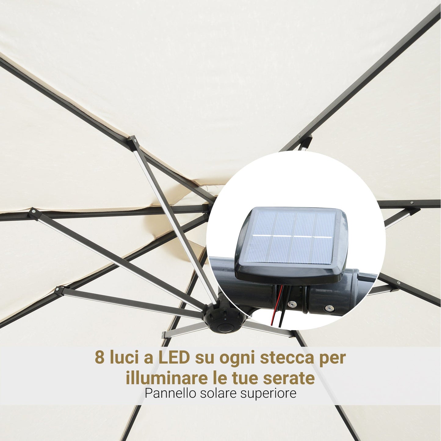 White Cream Umbrella with crank and 8 solar energy LED strips - Borgè