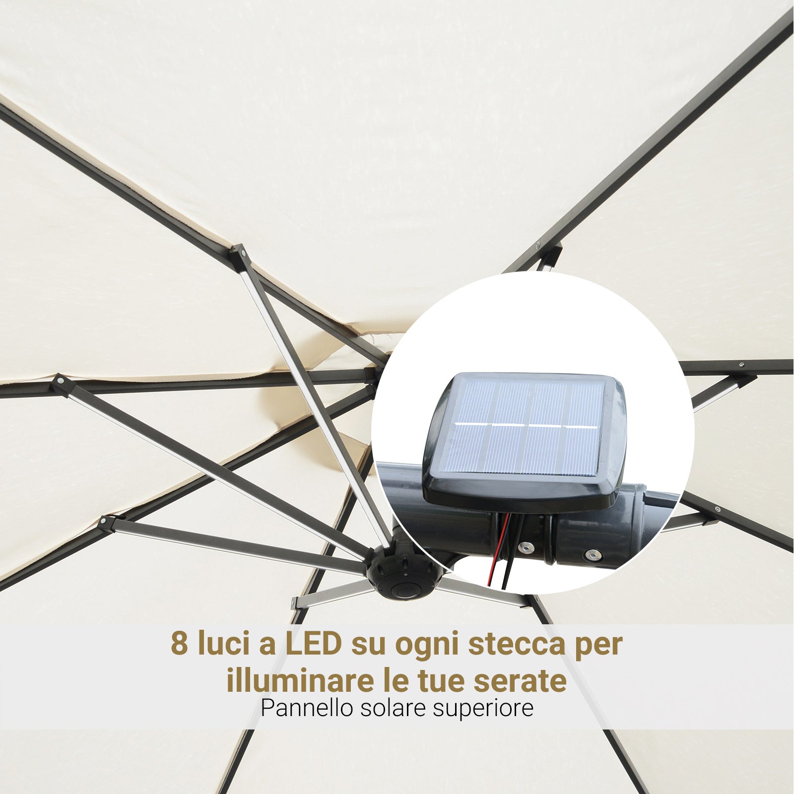 White Cream Umbrella with crank and 8 solar energy LED strips - Borgè