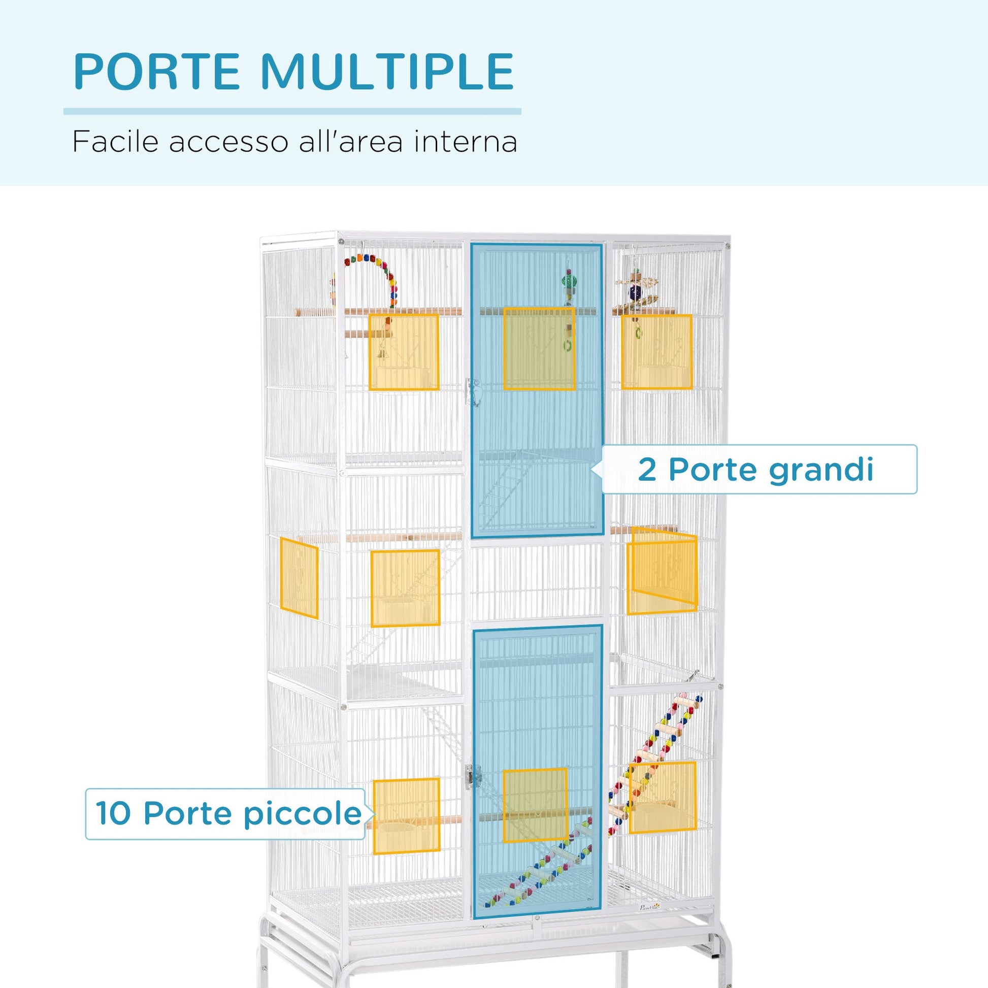 Pawhut Gabbia for birds in steel and pp with posees, games, containers for food and tray, 83x53x180 cm, white - Borgè