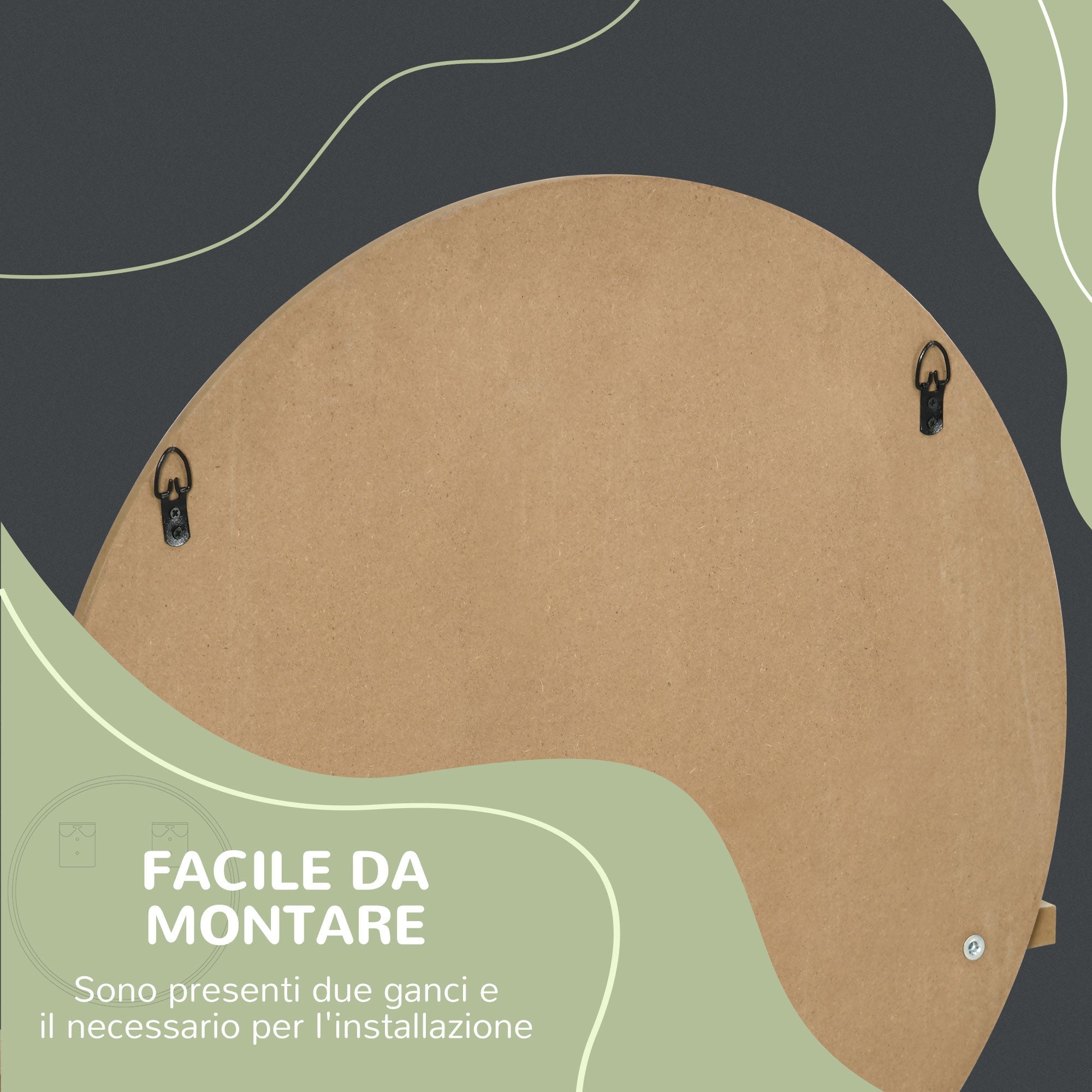 Kleankin Rotondic bath mirror in chipboard and glass with storage shelf and 2 rear hooks, Ã˜45x10 cm - Borgè