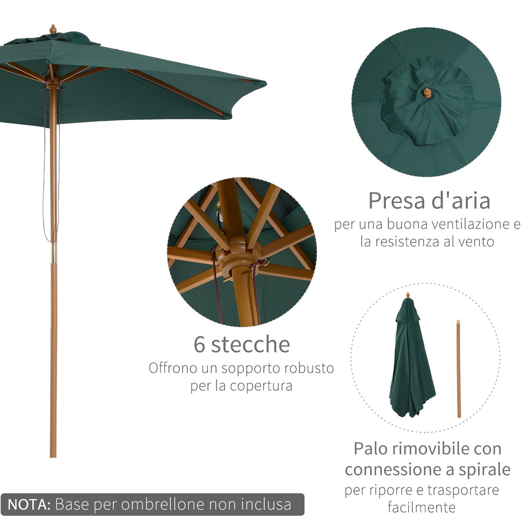 2.5x2.3m 6-Ribbed Garden Umbrella, Wood and Polyester, Dark Green - Borge' Group Limited