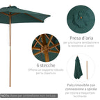 2.5x2.3m 6-Ribbed Garden Umbrella, Wood and Polyester, Dark Green - Borge' Group Limited