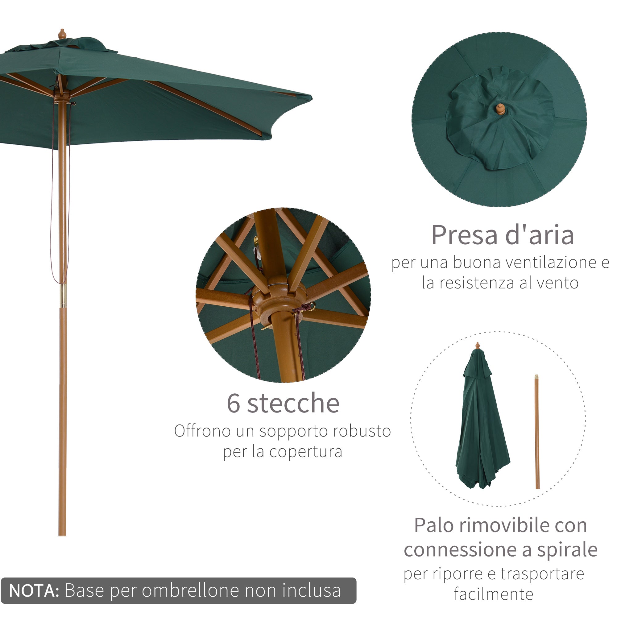 2.5x2.3m 6-Ribbed Garden Umbrella, Wood and Polyester, Dark Green - Borge' Group Limited