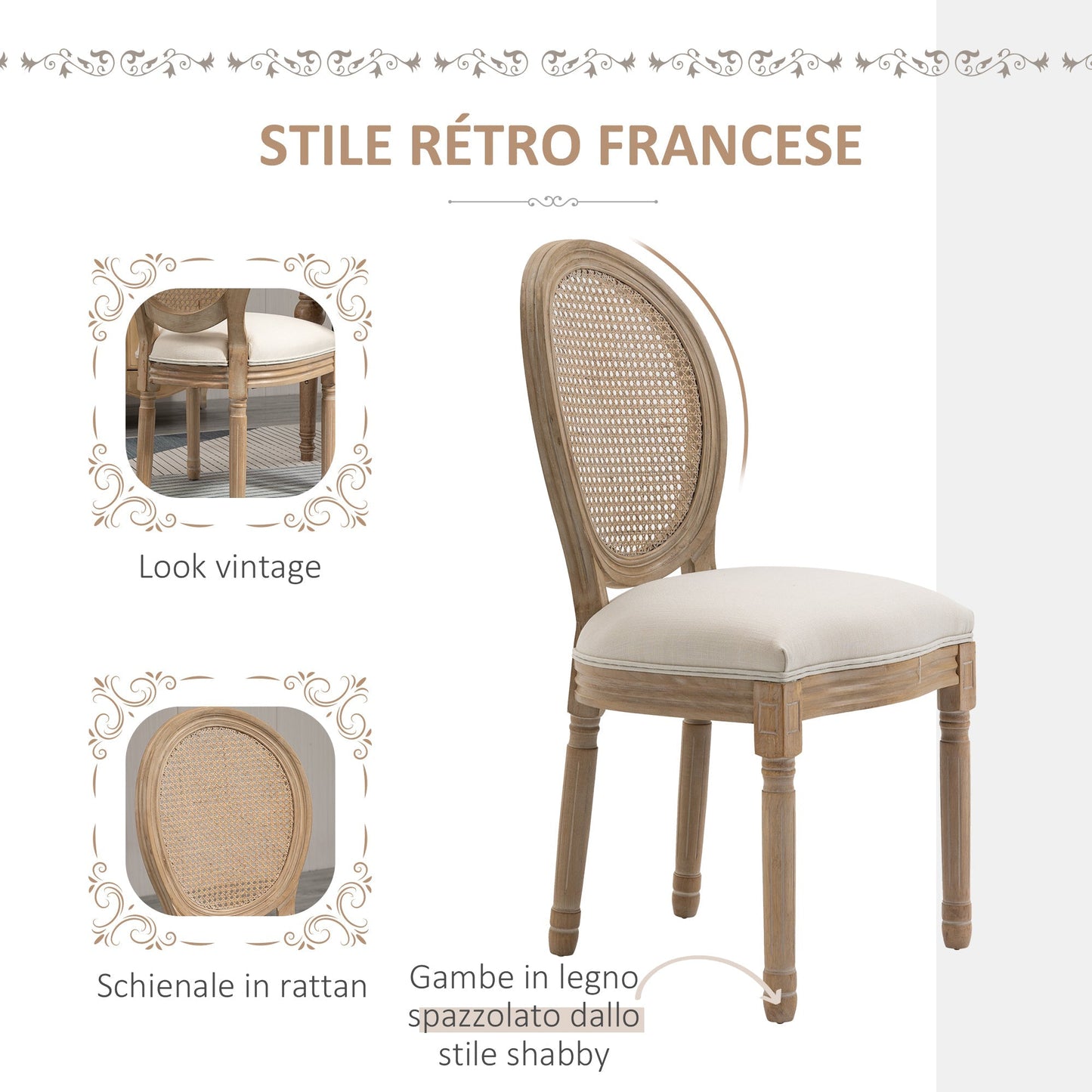 Set 2 Vintage -style living room chairs with pierced back, in wood and fabric, 49x56x96cm, white - Borgè